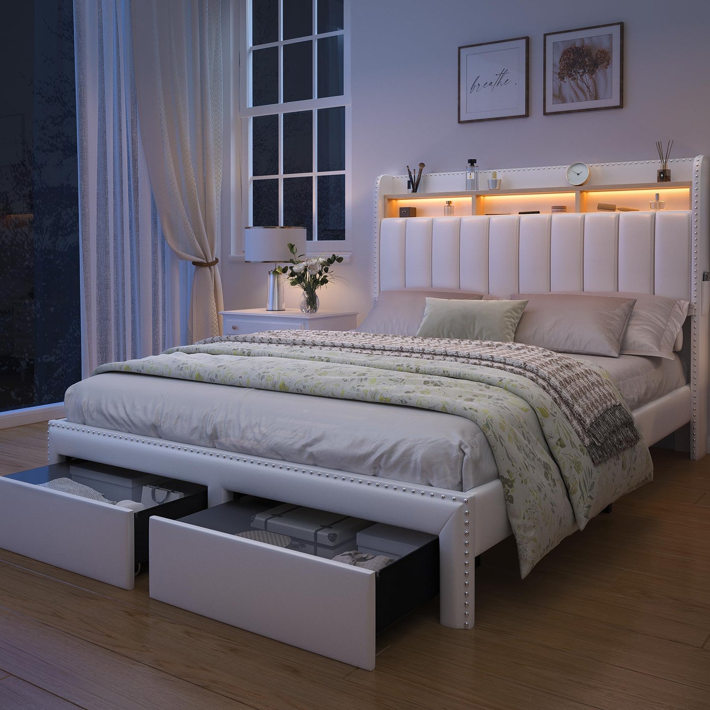 SIBEDS Queen LED Bed Frame with 2 Drawers, Modern Platform Beds with 2 Tier PU Leather Upholstered Storage Wingback Headboard, Channel Tufted Bedframe with Rivet Decor, No Box Spring Needed, White