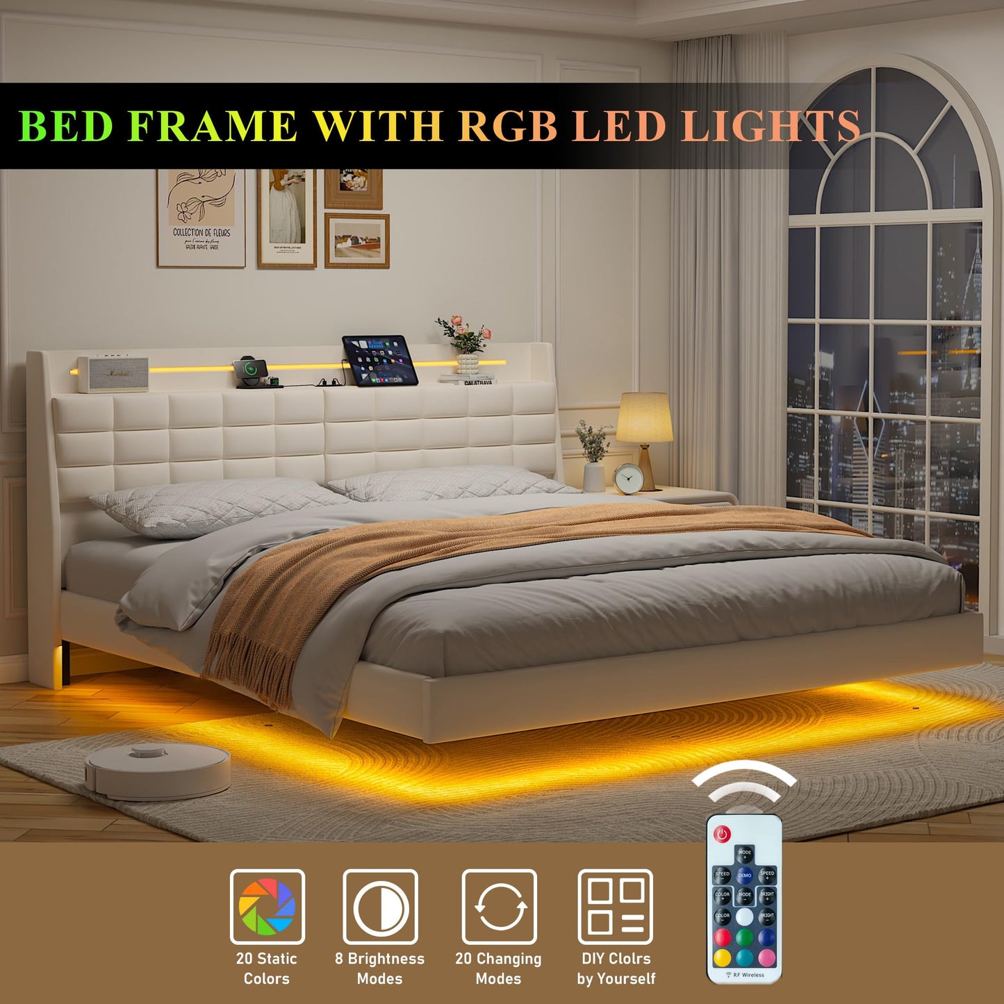 FSTAR King Size Floating Bed Frame with Storage Headboard & LED Lights, Velvet Upholstered Platform Bedframe with Charging Station, Wooden Slats Supports, No Box Springs Needed, Beige