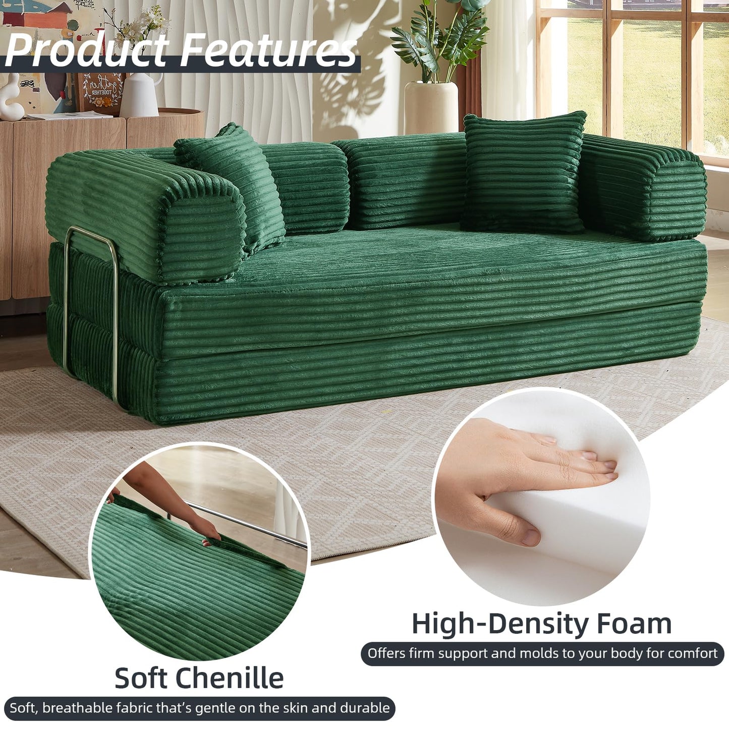 HUAYICUN 4-in-1 Convertible Folding Sleeper Sofa Bed, Plush Corduroy Foldable Mattress Couch with Fixed-Shape Frame, Floor Compressed Sofa for Living Room, Bedroom (Green)