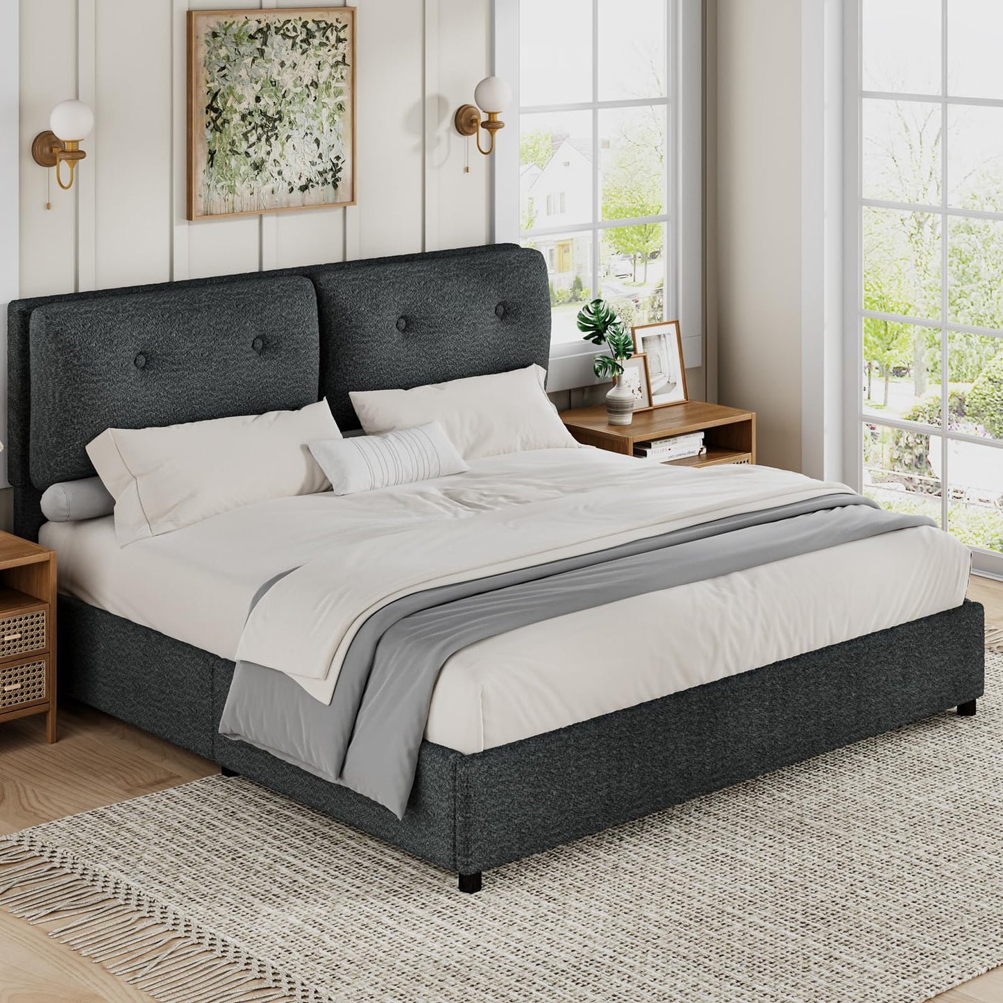 CHABUILDREARK King Size Bed Frame, Upholstered Boucle Platform Bed with Headboard, Cloud Bed Frames with Soft Headboard, Wooden Slats Support, No Box Spring Needed, Easy Assembly, Dark Grey