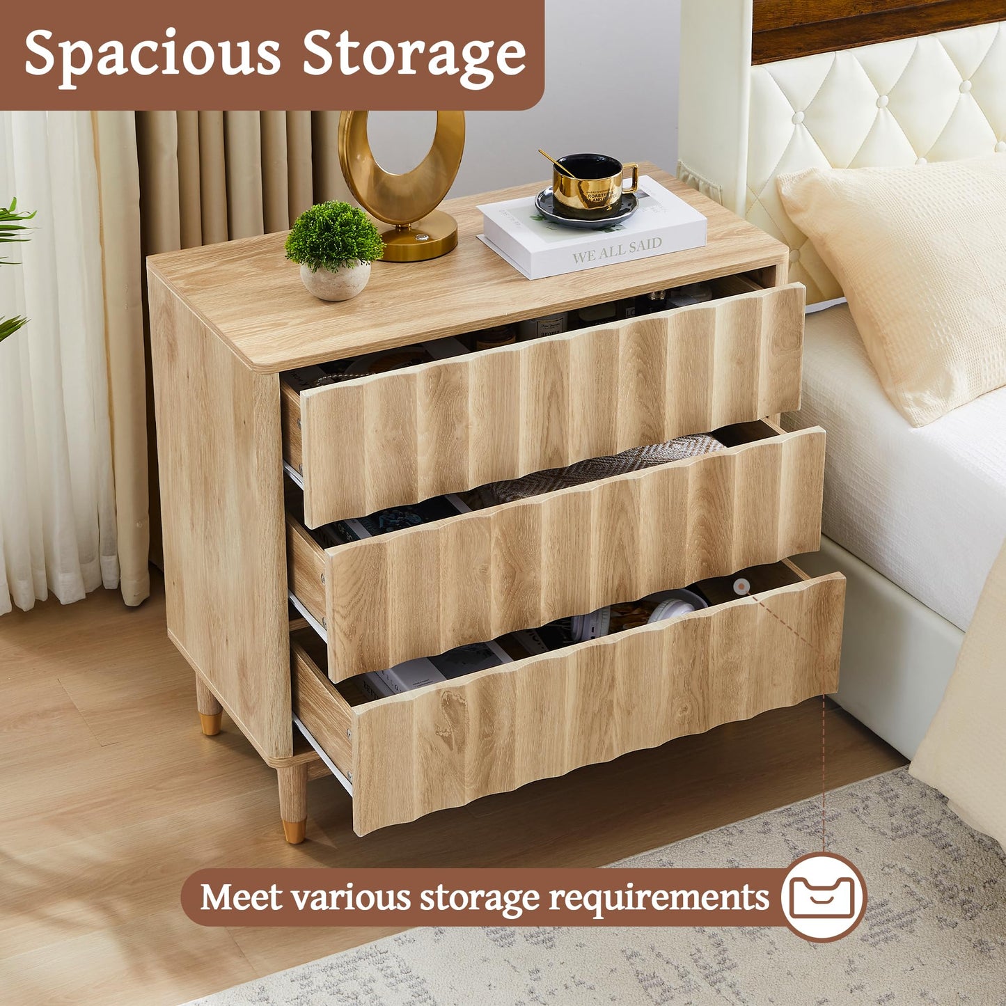 Caspellaire Fluted 3 Drawer Dresser, 31.50" Wide Modern Chest of Drawer, Wood Drawer Organizer for Bedroom, Living Room, Hallway