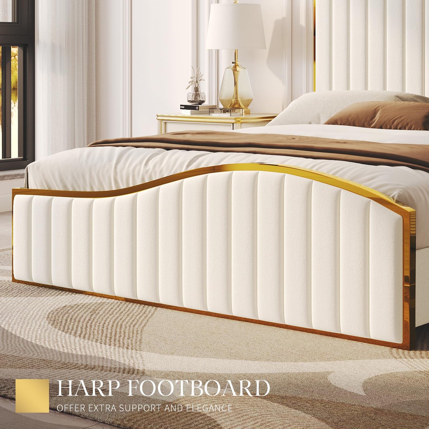 AMERLIFE Queen Size Bed Frame, 61.4" High Headboard Platform Bed Velvet Upholstered with Gold Trim & Footboard/Wooden Slats/No Box Spring Required/Cream