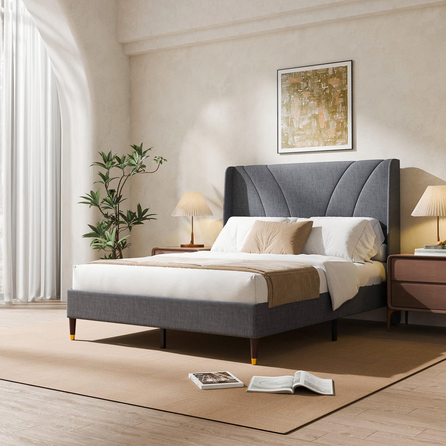 Cozy Castle Queen Bed Frame with 51.2" Tall Curved Wingback Headboard, Linen Upholstered Platform Bed, Soft Fabric/Noise-Free/Wooden Slats Support/No Box Spring Needed/Easy Assembly, Gray