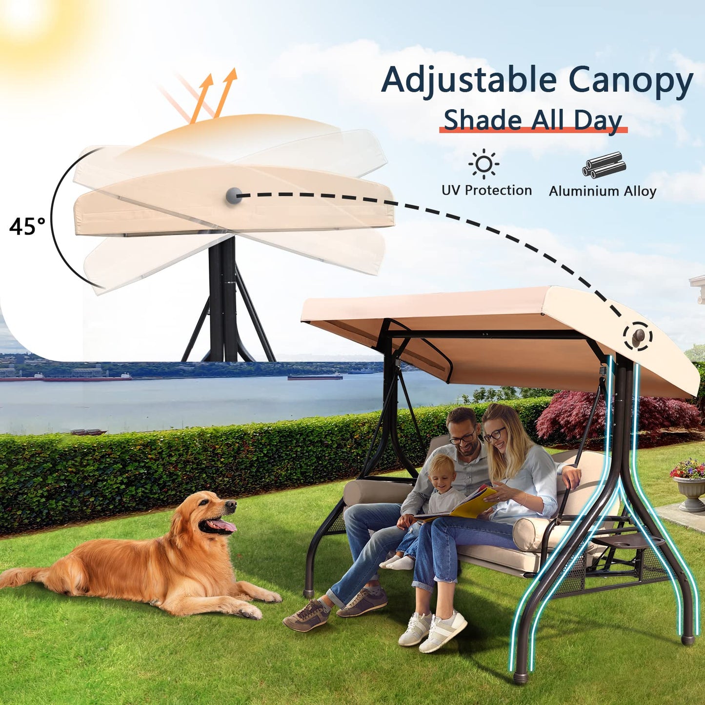 NOBLEMOOD Patio Porch Swing, 3-Seat Outdoor Swing with Adjustable Canopy, Waterproof Fabric Cushion, Pillow and Foldable Side Tray for Patio, Backyard, Porch Swing Bed for Spring