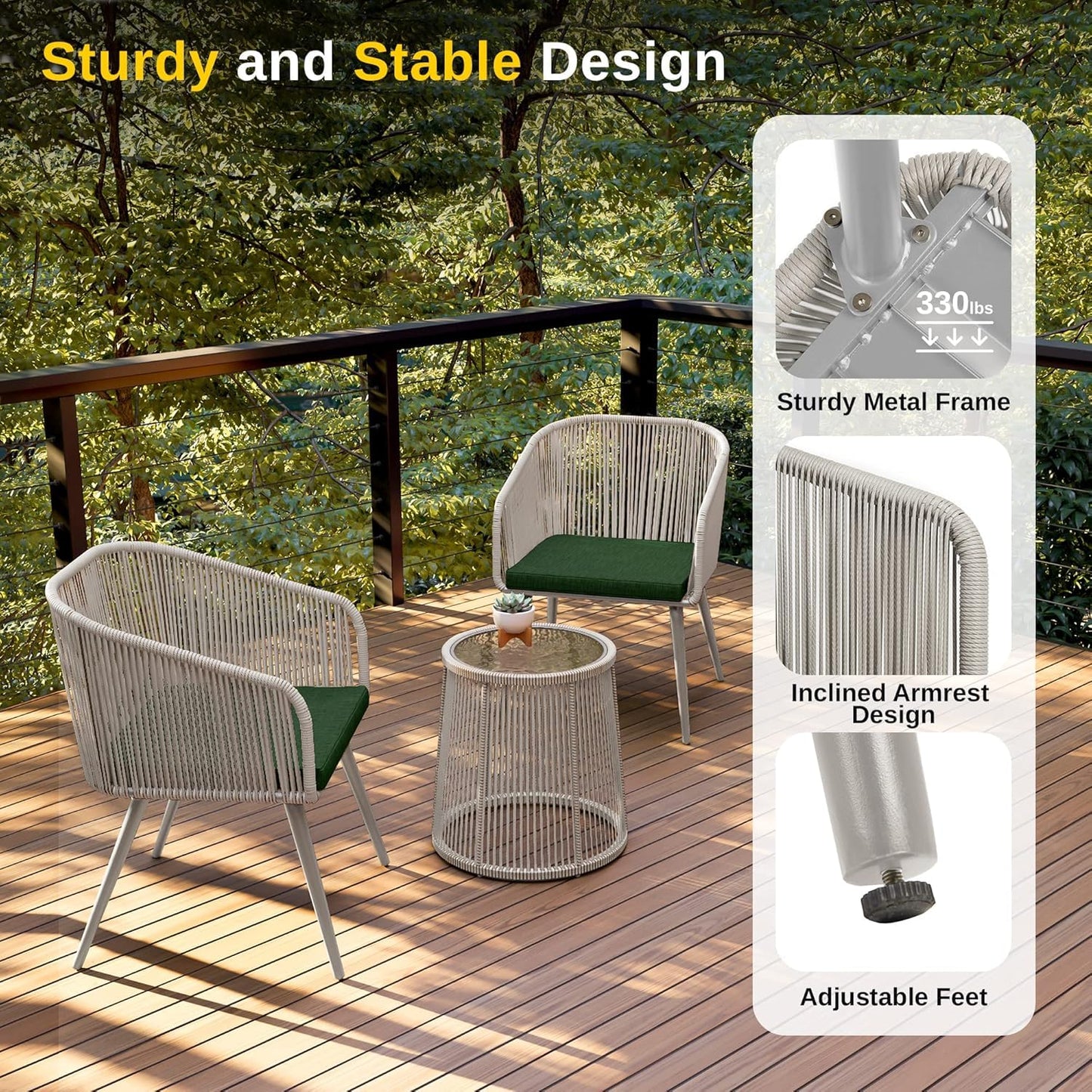 EAST OAK 3-Piece Patio Bistro Set, Patio Conversation Set with 2 Wide Ergonomic Chairs, Cushions & Glass Top Side Table, Outdoor All-Weather Wicker Furniture for Porch, Upgrade Ivory & Jungle Green