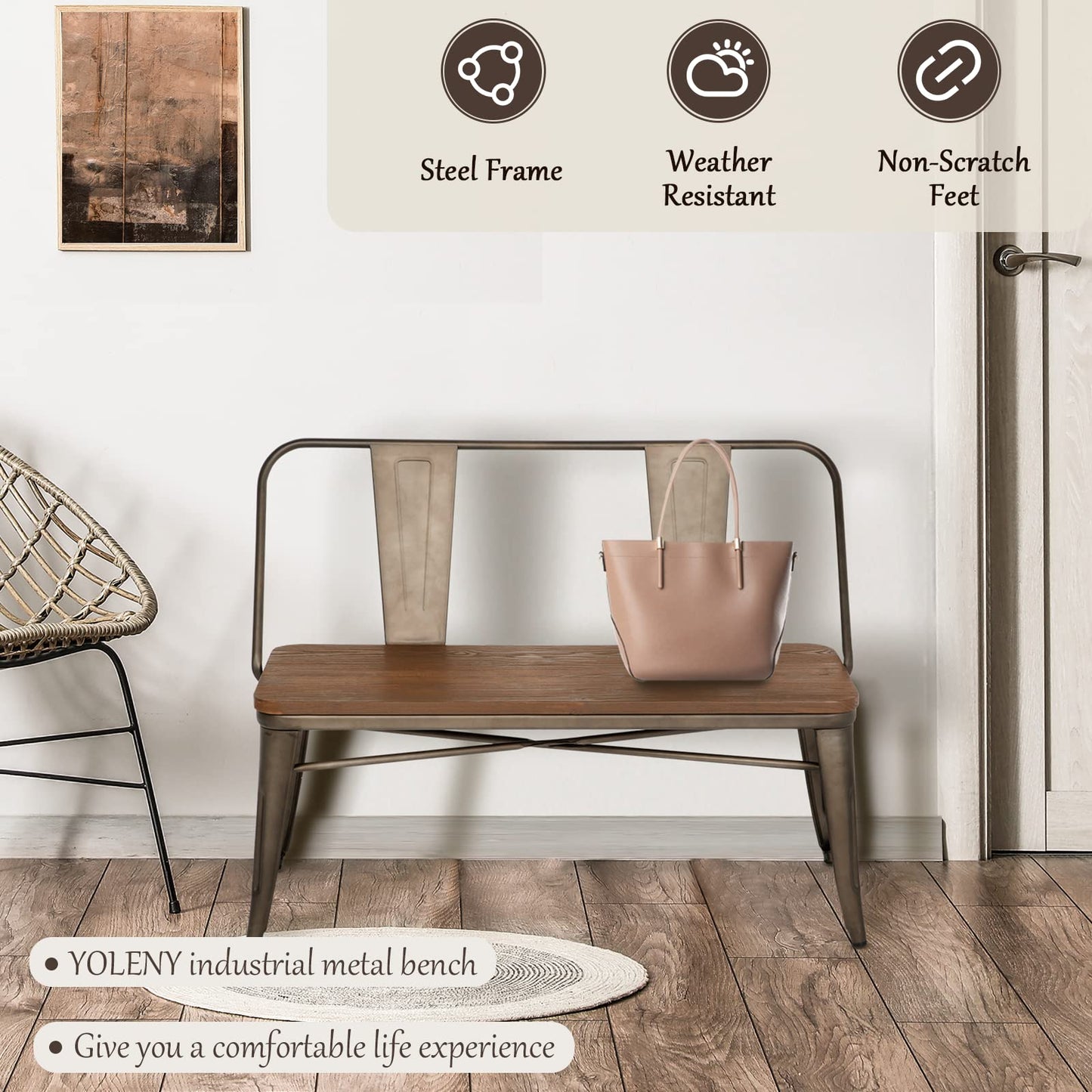 YOLENY Dining Bench, Farmhouse Metal Entryway Chair with Back, Industrial Mid-Century 3 Person Rustic Spindle Bench, with Wood Seat, Removable Backrest, 42in, Bronze