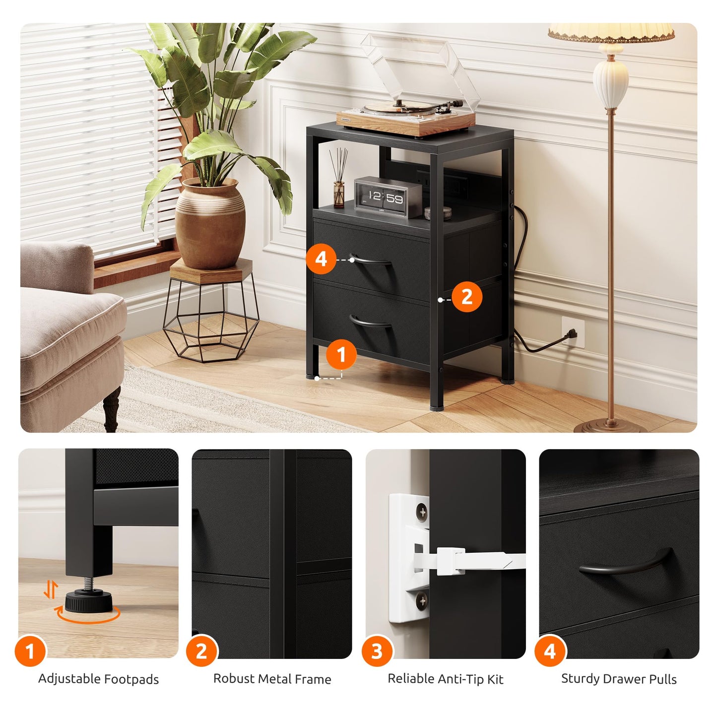 NightStand Bedside Charging Table Bedroom - Night Stand with Charger Station, Modern Nightstand with Open Shelf & 2 Fabric Drawers, Bed Side Table with USB-C USB Ports & AC Outlets for Dorm, Black