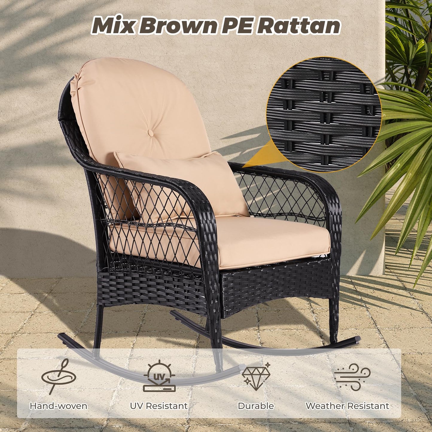Outdoor Wicker Rocking Chair, PE Rattan Rocker with Seat Back Cushions & Waist Pillow, All- Weather Wicker Furniture for Porch, Backyard, Poolside, Deck (Wicker Chair(1 PC Khaki))