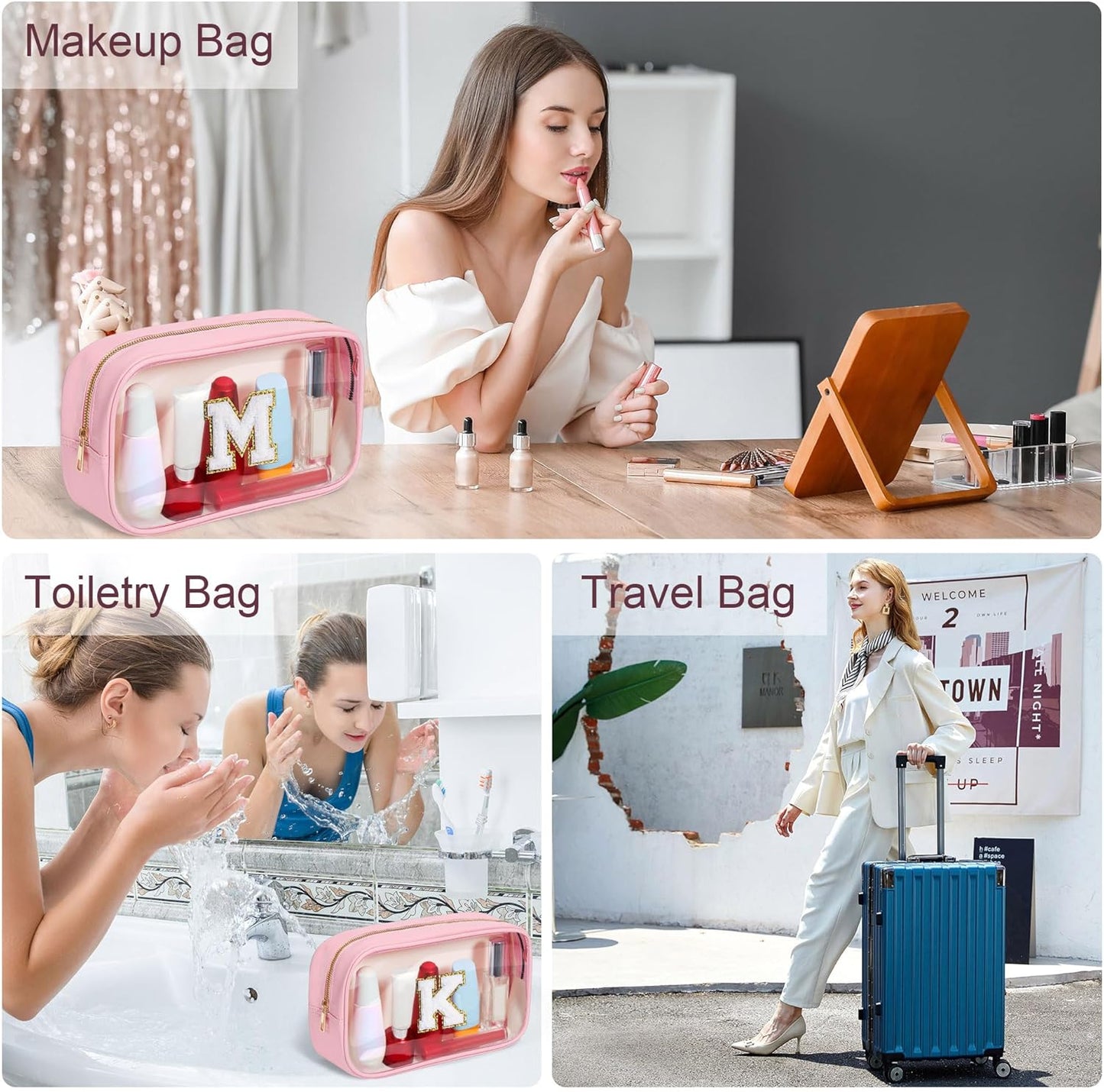 YOOLIFE Initial Travel Essentials Makeup Bag, Make Up Bag Skin Care Clear Toiletry Bag Pouch Cosmetic Bag Case Large Makeup Bag Personalized Pink Birthday Gifts for Women Teacher Mom Teen Friends V