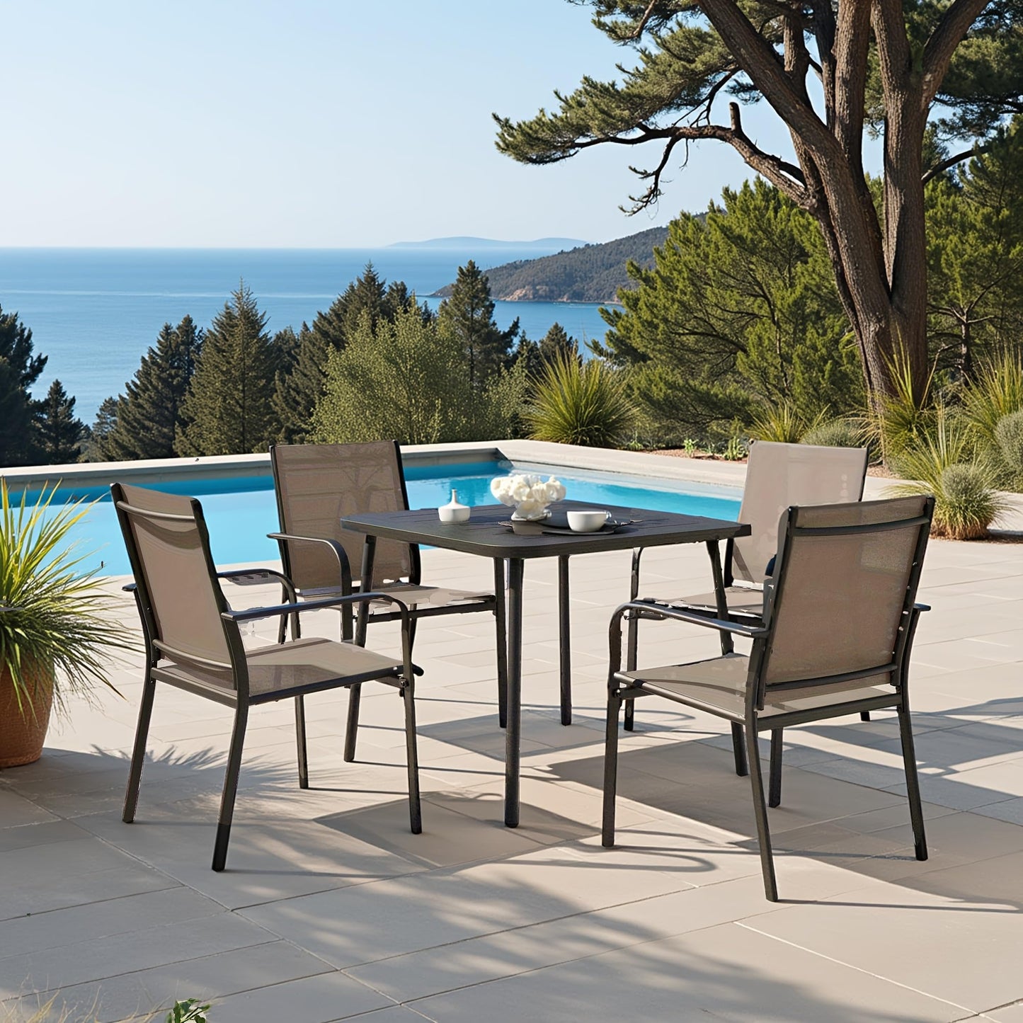 LAUSAINT HOME 5-Piece Outdoor Dining Set, Patio Furniture Set with Textilene Chairs and Square Metal Table, All-Weather Table and Chairs Set with Umbrella Hole for Backyard, Garden, and Poolside