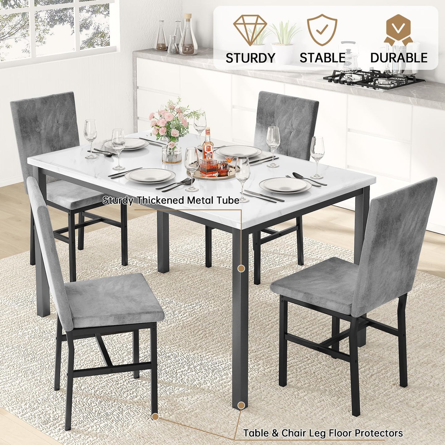 LinkRomat 5 Piece Dining Table Set for 4 Faux Marble Kitchen Table and Chairs Kitchen & Dining Room Sets for Small Space (White & Grey)