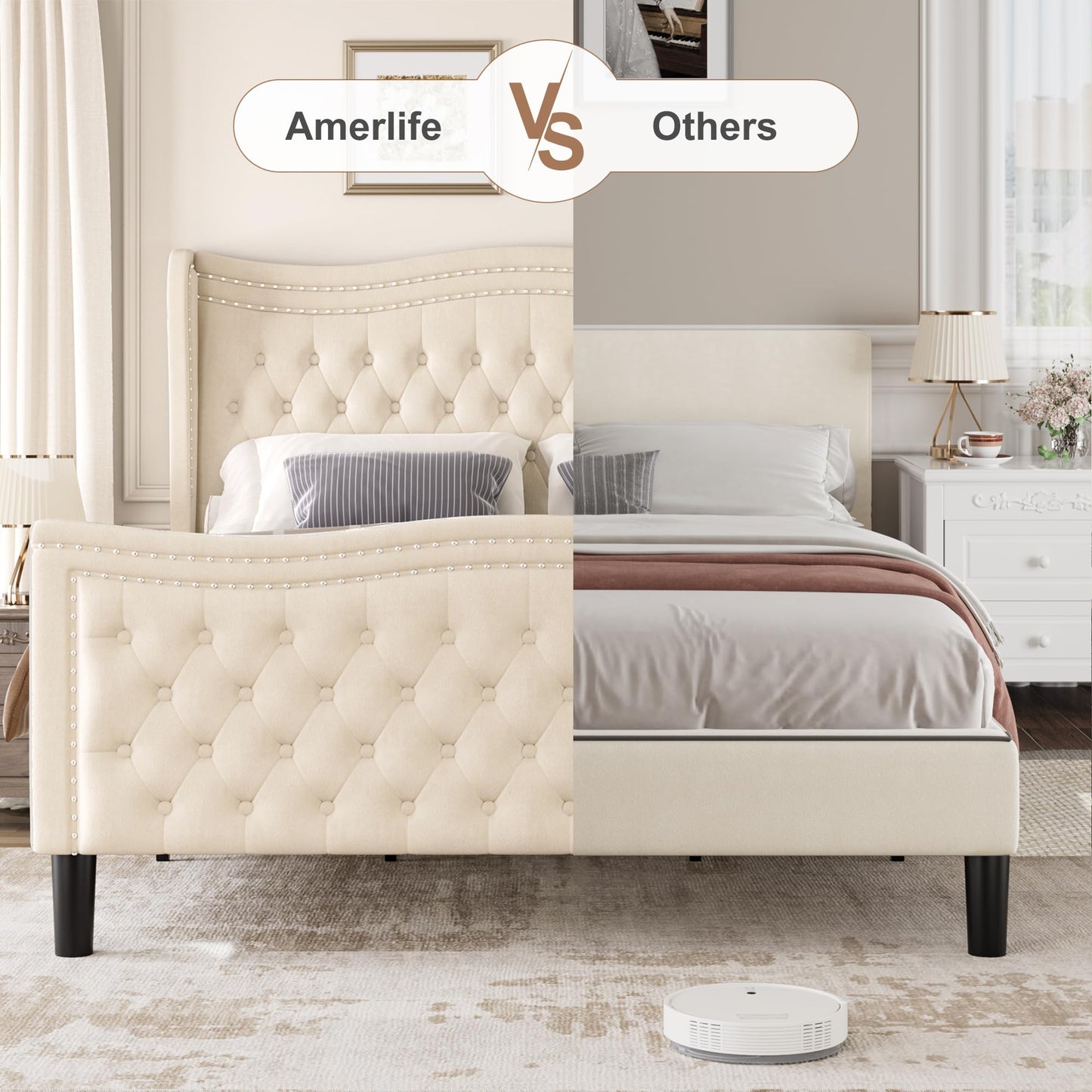 VINTLJUS Queen Bed Frame with Tall Headboard & Footboard, Velvet Upholstered Platform Bed Frame with Deep Button Tufted Wingback, No Box Spring Needed, Noise Free, Beige