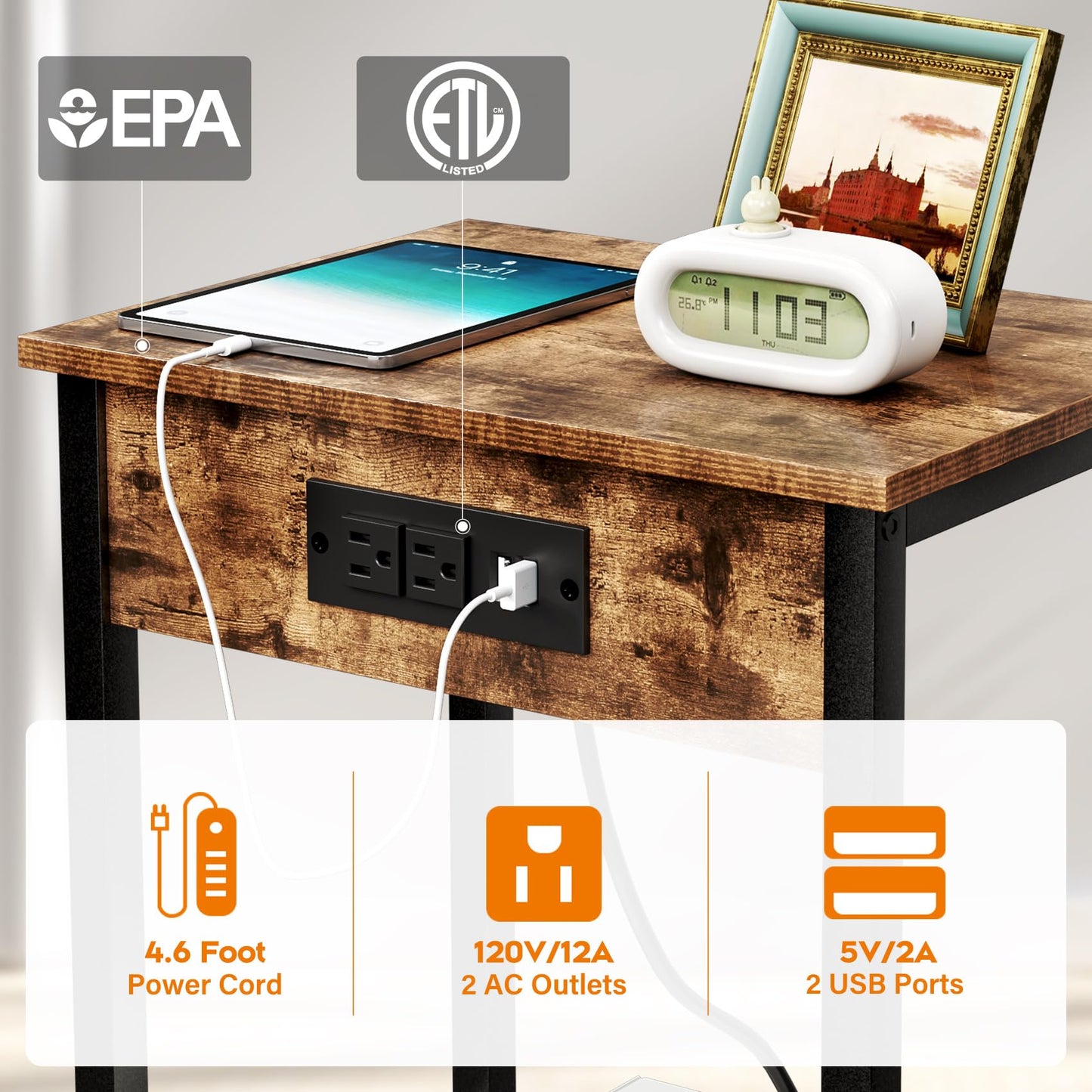 TC-HOMENY End Table Set of 2 with Charging Station & USB Ports, Side Table with Wheels & Storage Shelf Nightstand for Living Room Bedroom