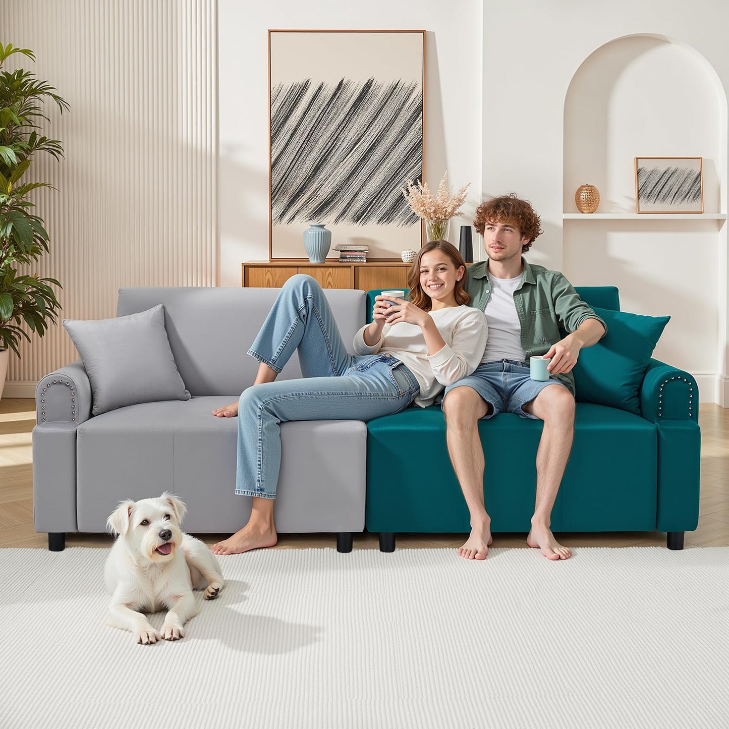 PLANNTONNEO 87" Sectional Sofa Modular Deep Seat Sofa Couch, Futon Sofa Bed,Modern Velvet Sofa Sleeper with USB Ports Comfy Upholstered 3 Seater Couches for Living Room Apartment Bedroom, Green+Gray