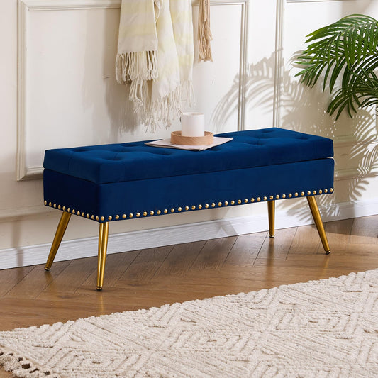 AIITTCC Velvet Storage Bench with Gold Legs& Nailhead Trim, 40" Wide Upholstered Modern Bedroom Bench for End of Bed, Tufted Ottoman for Entryway Living Room Dining Room (Navy Blue, 40" Wide)