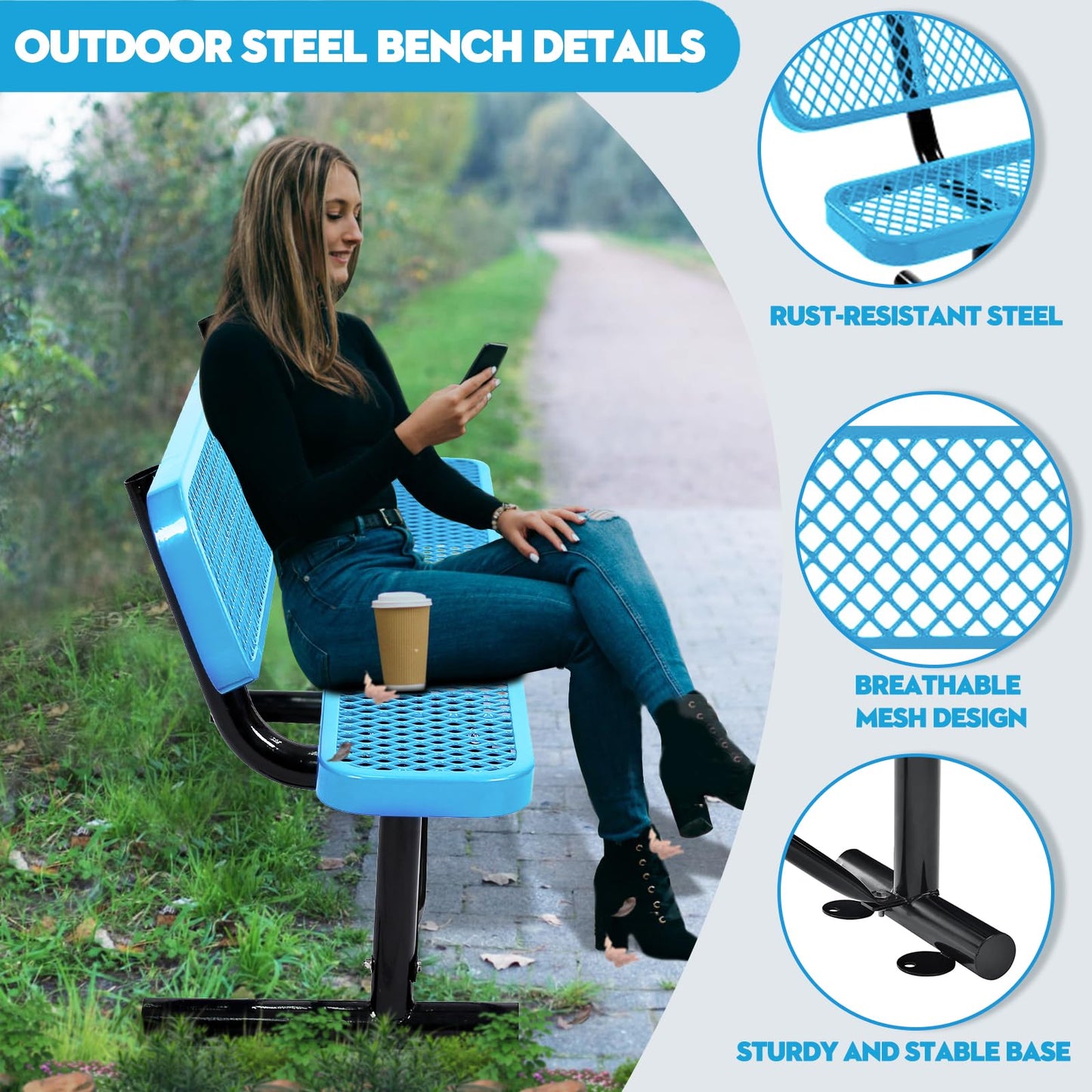 Heavy Duty Metal Park Bench for Outside, Outdoor Garden Benches with Backrest & Portable Frame, Expanded Metal Mesh Bench for Shopping Malls, Lawn, Park, Deck, Patio, Porch (Blue, 4FT/48INCH)