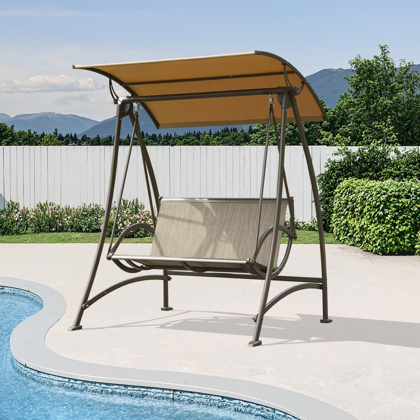 Domi Porch Patio Swing with Adjustable Canopy, 2-seat with Stand, Outdoor Loveseat Swing w/Armrests, Weather Resistant Steel Frame and Textilene Fabric
