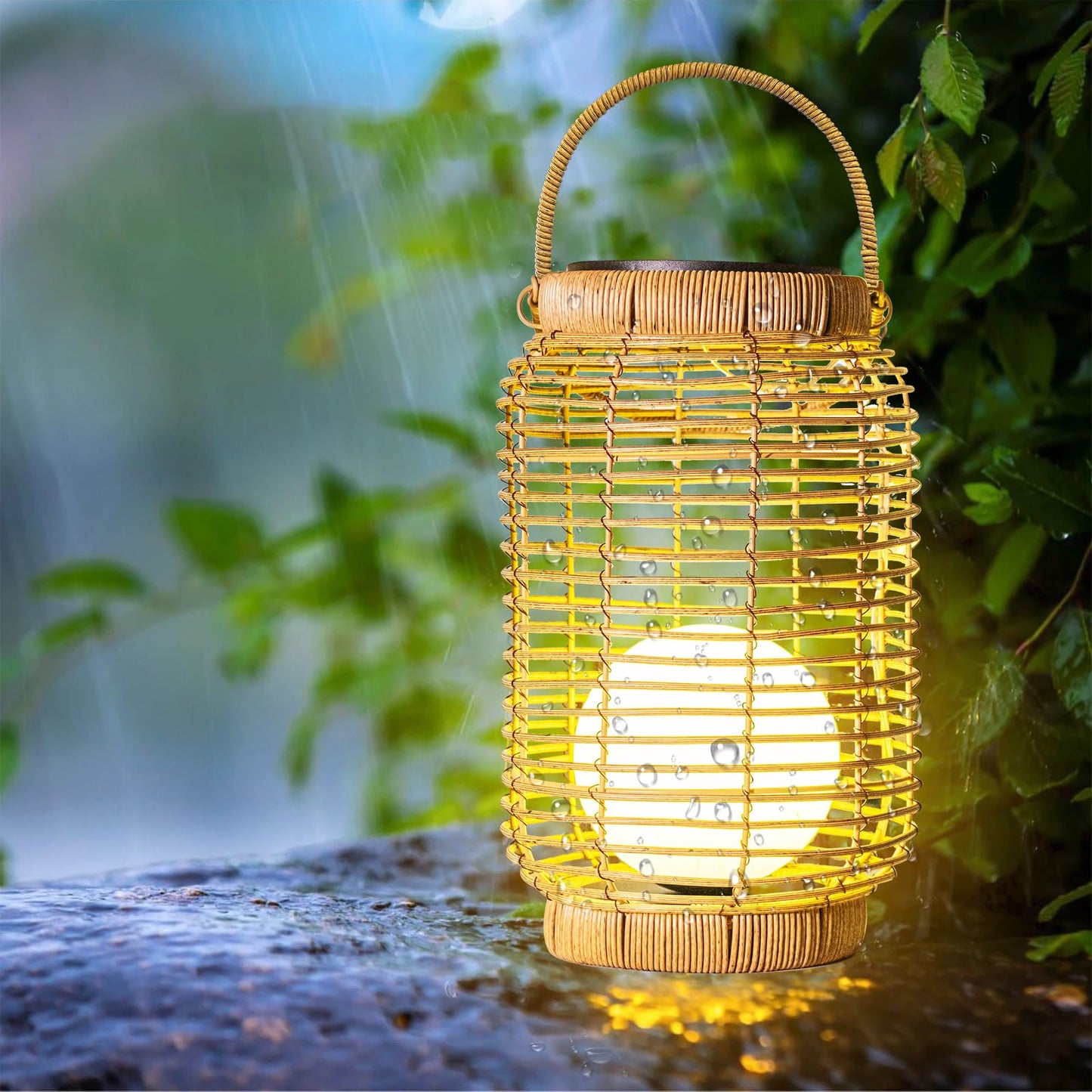 Louxiar Solar Lantern Outdoor Waterproof, Large Hanging Solar Lights Natural Woven Rattan, 12" H Solar Powered Decorative Lantern with Handle for Gardens Patios Pathways Outside Tabletop Decor