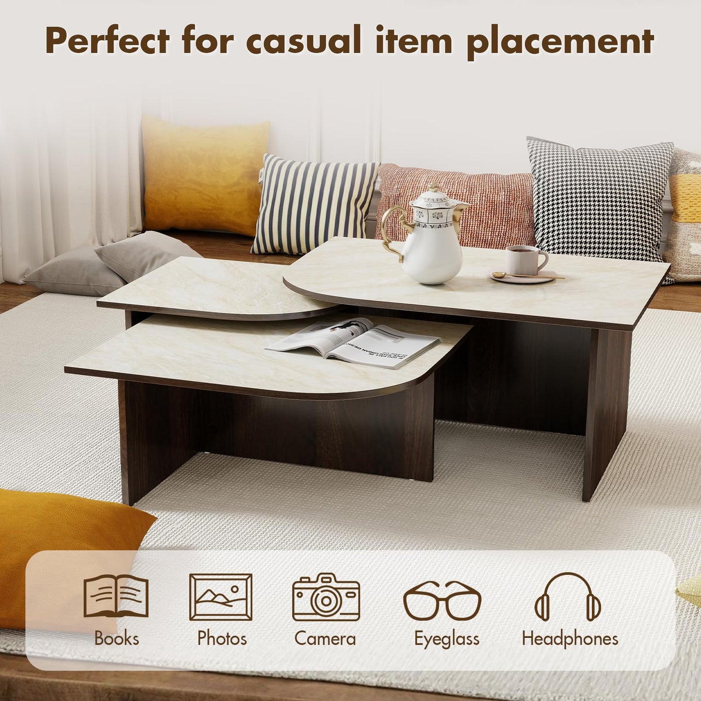 ChicAura Mid Century Modern Coffee Table Set of 3, Nesting Coffee Table with Marble Pattern Tabletop and Solid Wood Legs, Wood Side Tables for Living Room, Walnut
