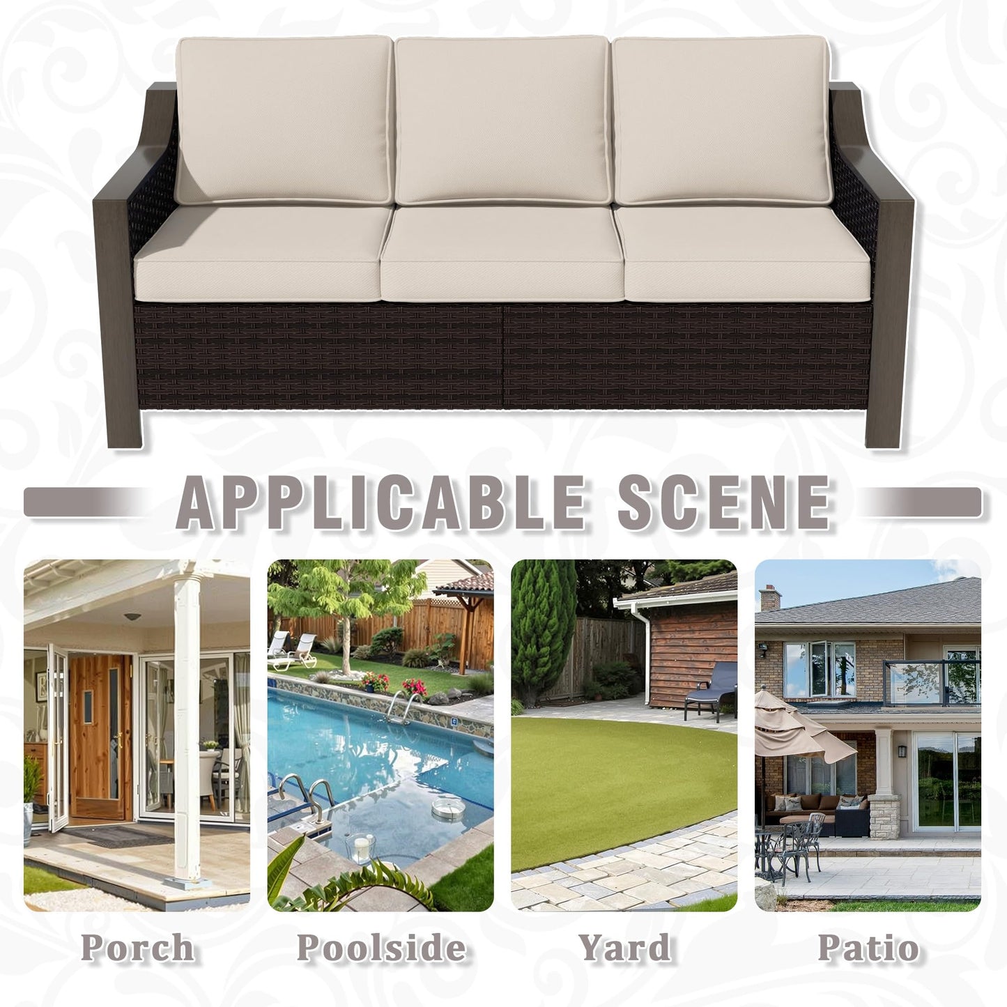 Qsoer 74 Inch Patio 3-Seater Sofa,PE Wicker Outdoor Lounge with Thick Removable Water-Resistant Cushions, Rust-Proof Steel Frame, 900LBS Capacity, Beige