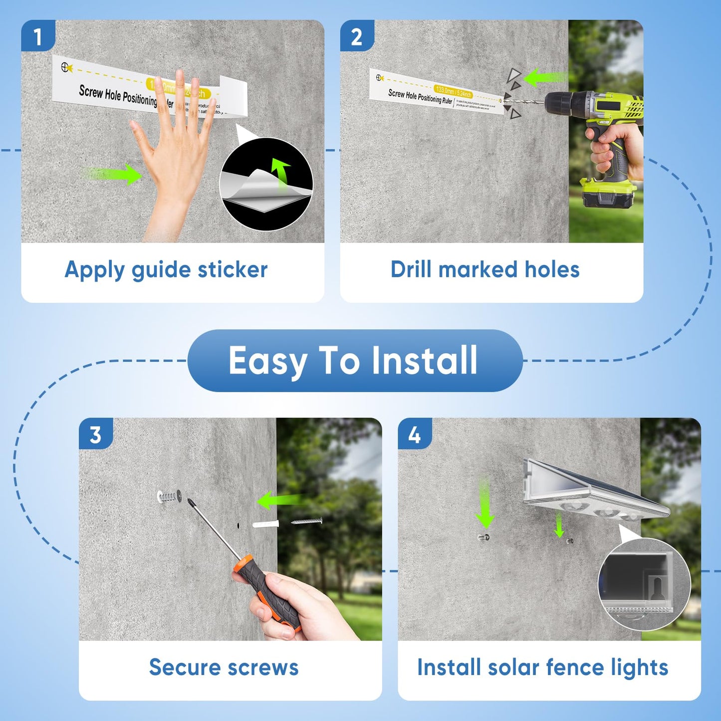 Yilaie Solar Fence Lights Outdoor-IP67 Waterproof 3000K/4500K/6500K,High Brightness LED Fence Lights Solar Powered,Solar Wall Light for Outside Backyard/Railing/Step/Patio/Stair Railings/Pool （4 Pack）