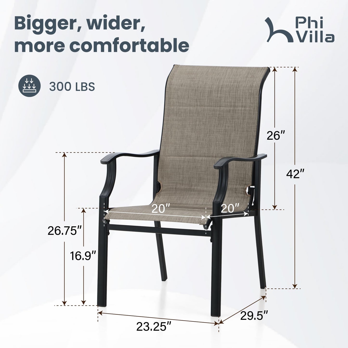 PHI VILLA Outdoor Dining Chairs Set of 4, High Back Textilene Fabric Padded Armchairs with E-Coated Steel Frame for Patio, Porch, Deck, Yard