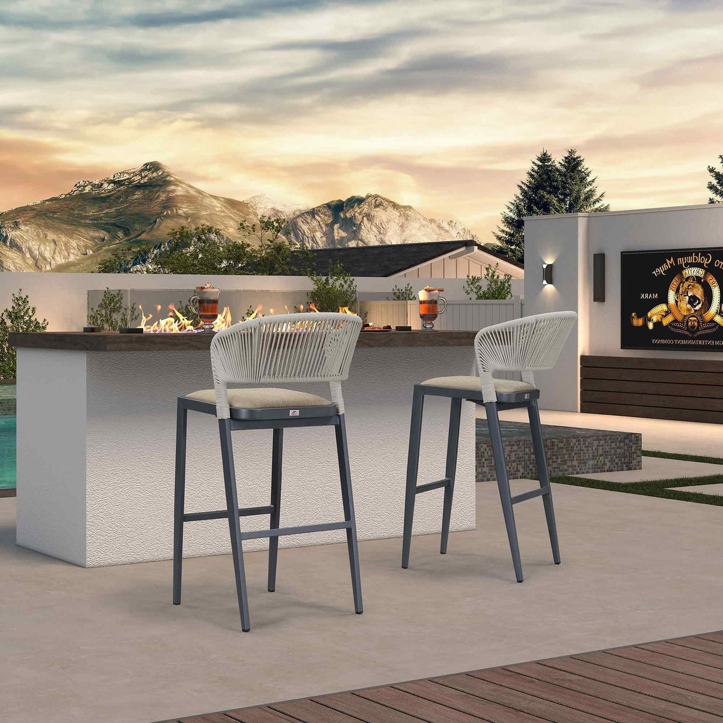 PURPLE LEAF Bar Stool Set of 2 Outdoor Bar Chairs with Backrest Bar Height Stools Rattan Stool Wicker Dark Gray Barstools