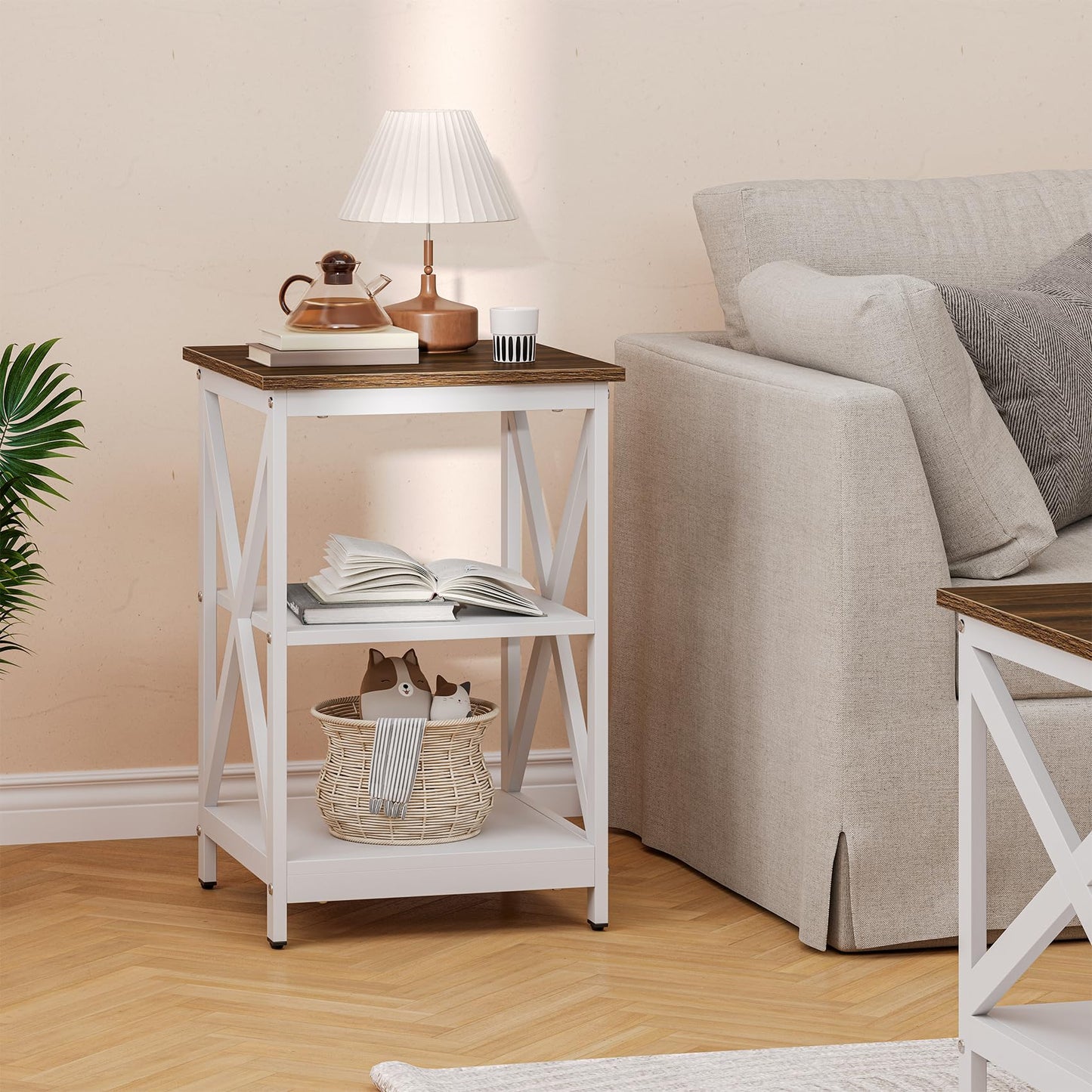 Bigbiglife Living Room Coffee Table Set of 3, Industrial X-Design Coffee Table and 2 End Side Tables, 3 Piece Living Room Table Set with Large Storage for Apartment Home (White+Walnut Brown)