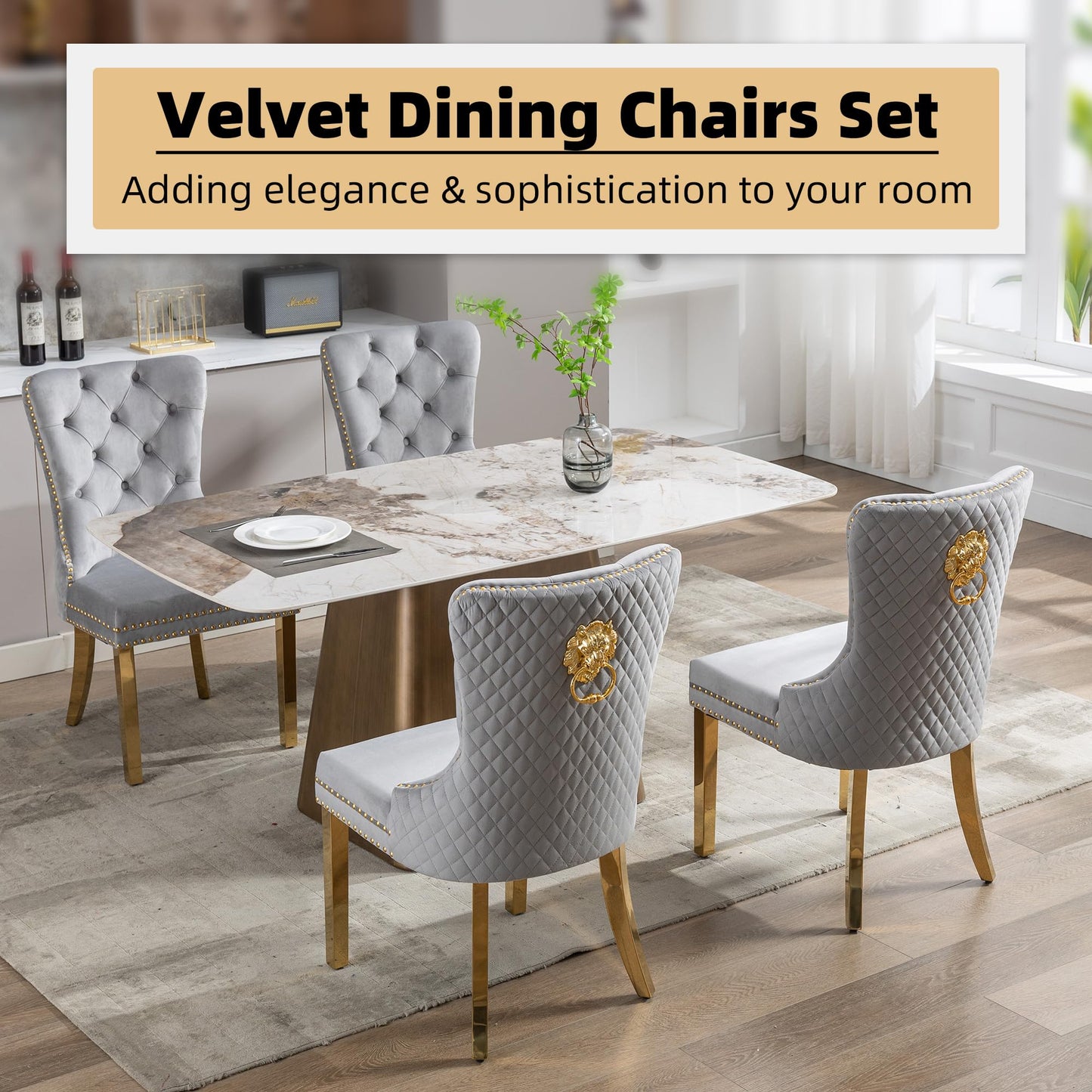 GOOLON Velvet Dining Chairs Set of 4, Upholstered Dining Room Chairs, Mid-Century Modern Chairs with Diamond Lattice Tufted Back, Lion Pull Ring Rivet Trim, Golden Metal Legs for Kitchen, Light Grey