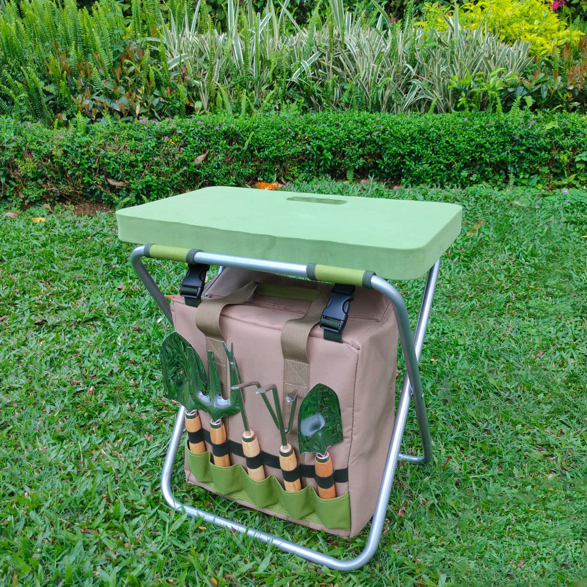 iPreference Garden Folding Gardener Stool with Gardening Tools Insulation Garden Bags Plus 5 Garden Tools and Gardening Kneeler Ideal Gift for Mother's Day/Father's Day (Green)