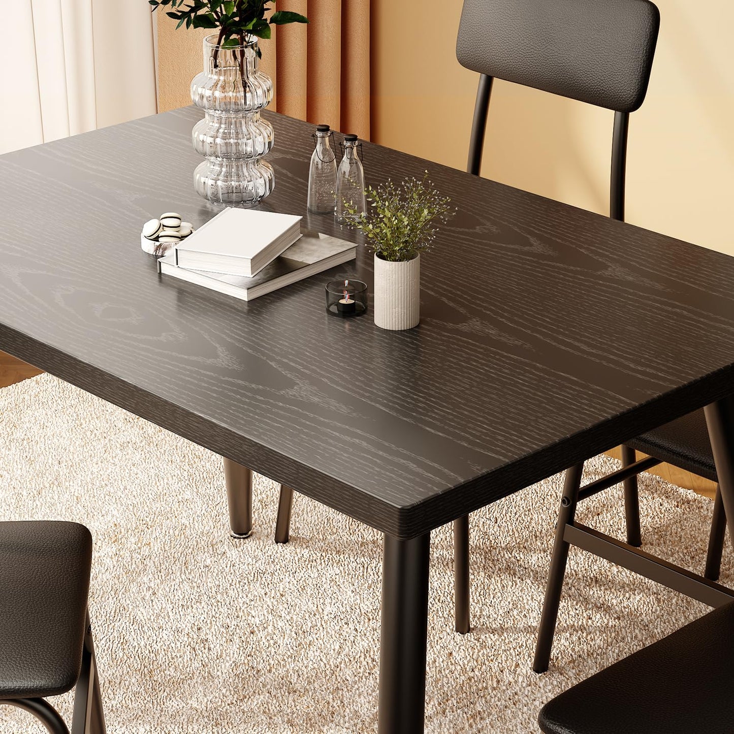 Gizoon 5 Piece Dining Table Set for 4, Modern Metal & Wood Kitchen Dinner Table with 4 Chairs, Space-Saving Dining Room Furniture Table & Chair Sets for Small Spaces & Apartment, Black
