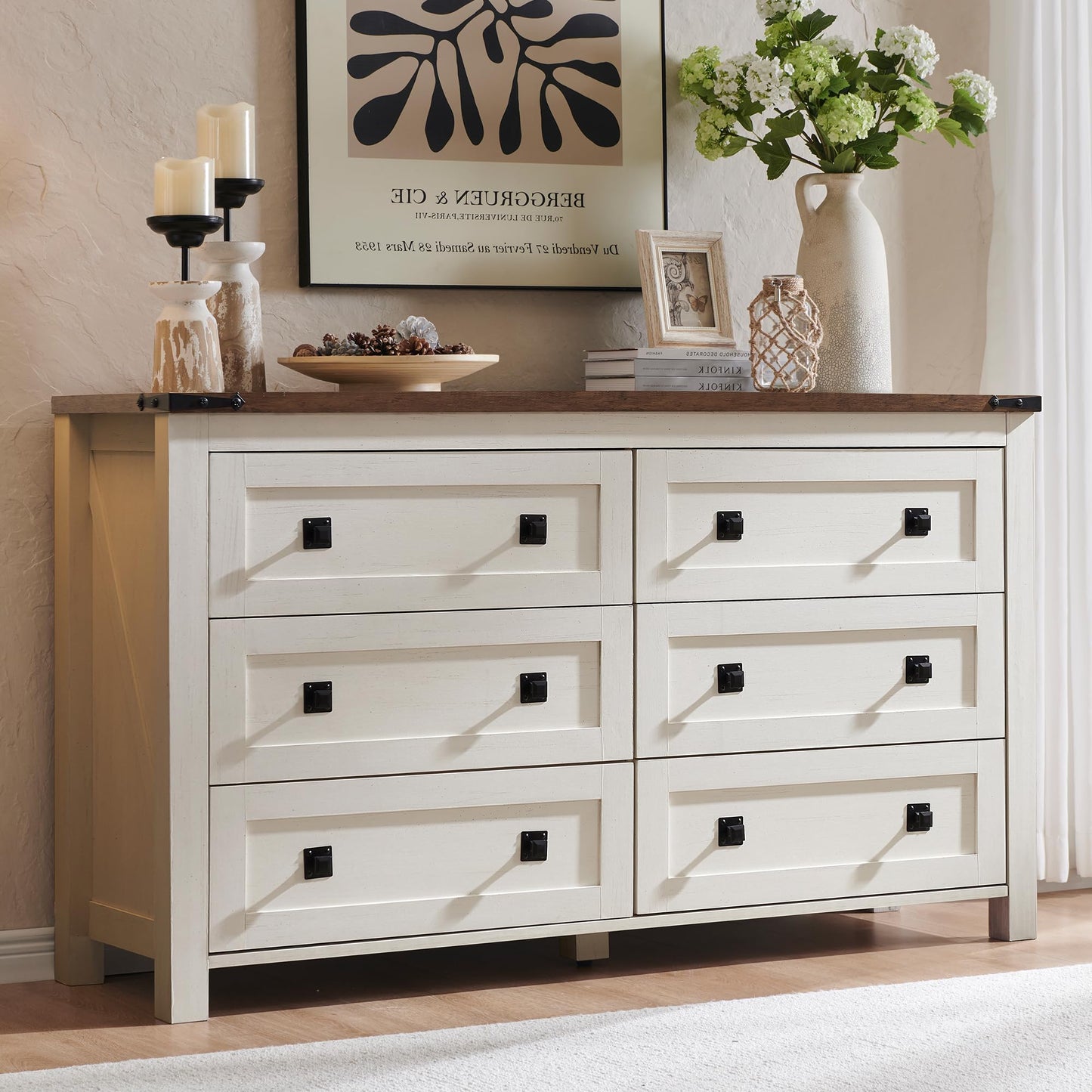 T4TREAM Farmhouse 6 Drawers Dresser for Bedroom, Wood Rustic Wide Chest of Drawers, Storage Dressers Organizer for Bedroom, Living Room, Hallway, Antique White