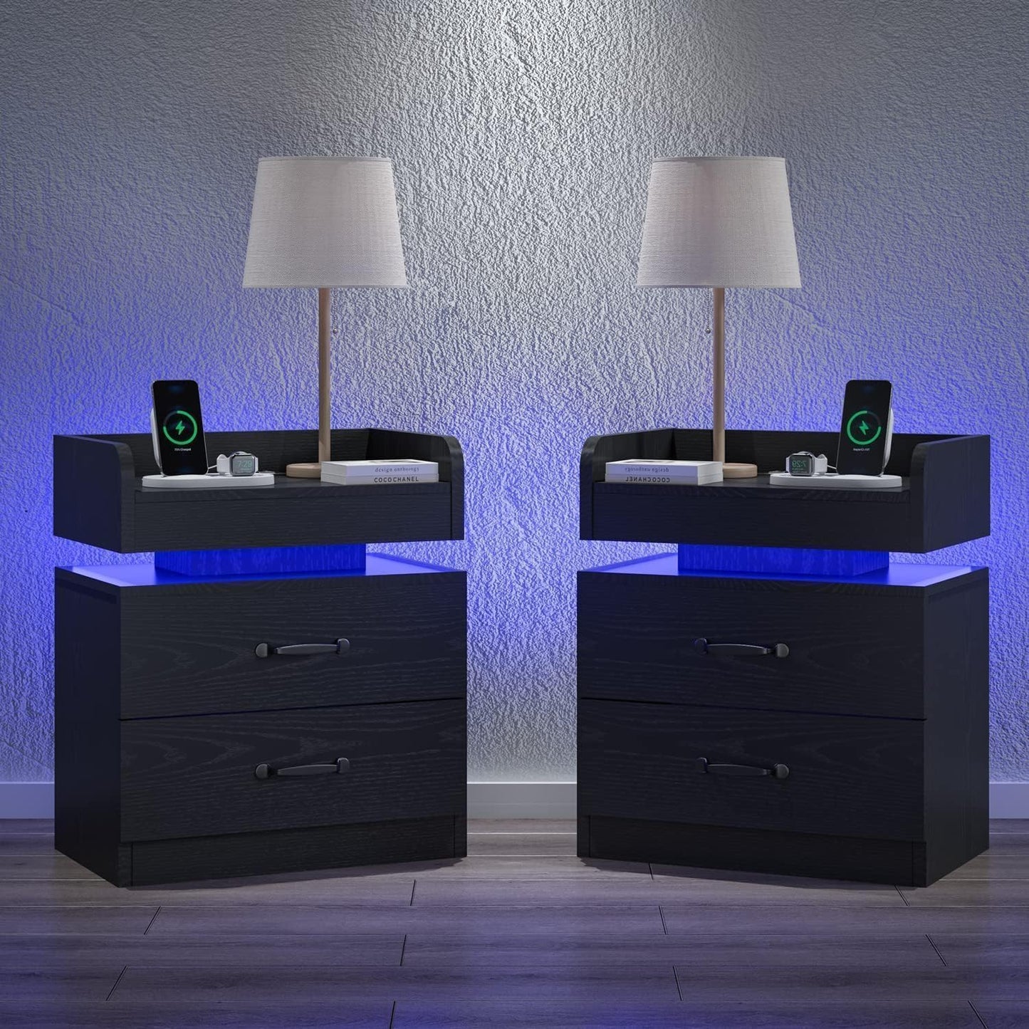 Nightstand with Charging Station, Night Stand with LED Lights, Modern Led End Table, Nightstands Set of 2, Night Stand with 2 Drawers, Bed Side Table with Storage for Living Room, Bedroom (2, Black)