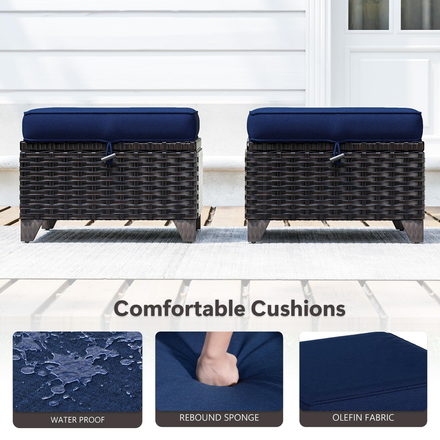 MaxMulti Patio Ottomans Set of 2, Outdoor Wicker Footrest with Thickened Cushions, Outdoor Rattan Ottoman for Porch, Backyard and Deck (Blue)