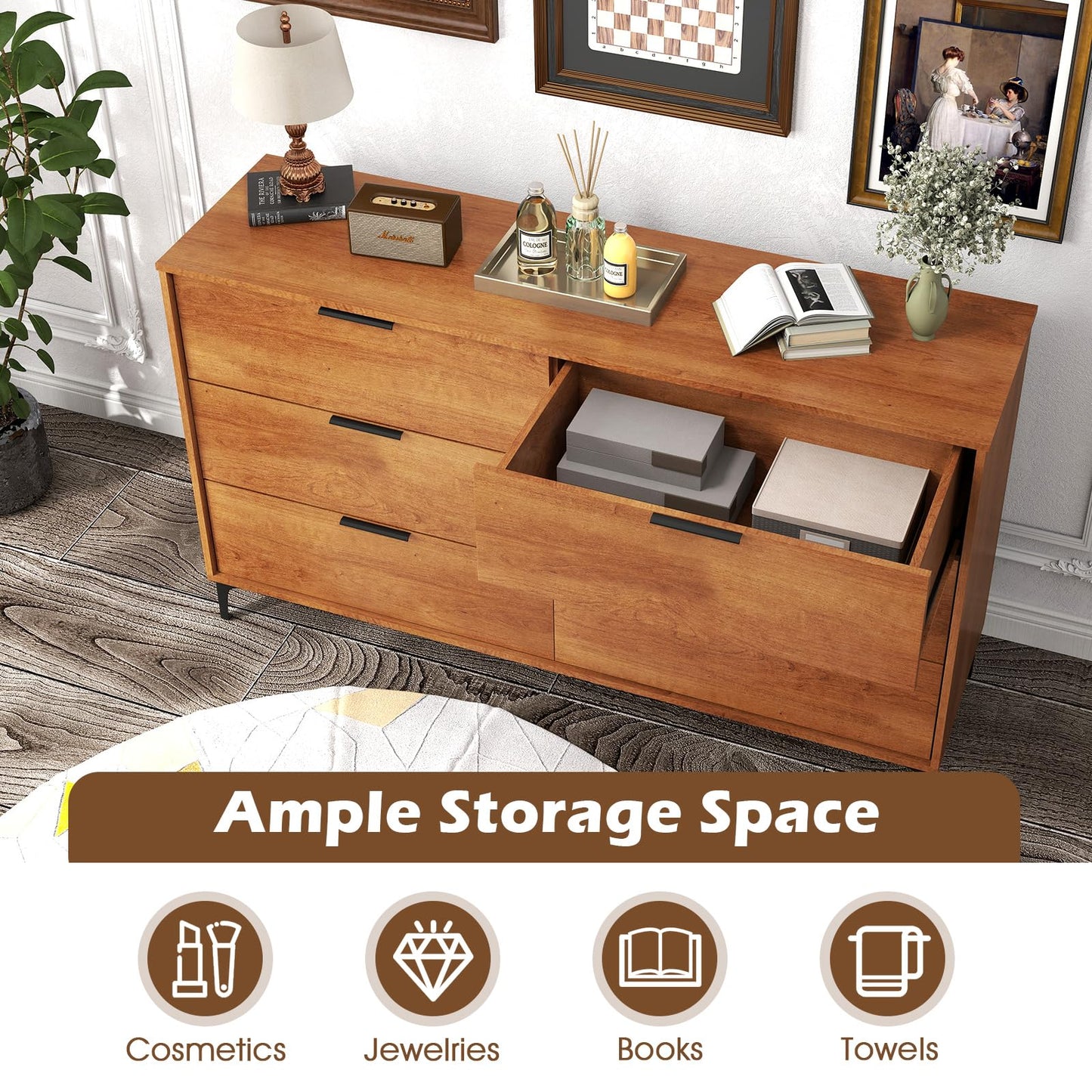 LOKO Mid Century Modern 6-Drawer Dresser, Wooden Chest of Drawers with Interlock System, Tall Storage Dresser for Bedroom, Living Room, Hallway, Cherry