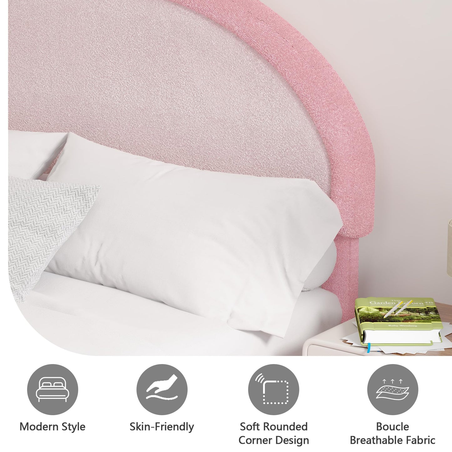 Twin Boucle Bed Frame, Boucle Upholstered Platform Bed Twin Size with Headboard, Pink Bed Frame for Girls Kids, Low Profile Bed, Rounded Corners, No Box Spring Needed, Dark Pink and Light Pink