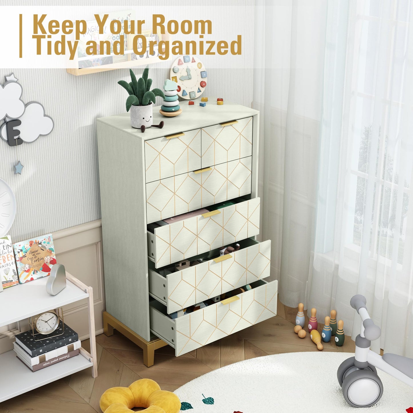 HLR 6 Drawer Dresser for Bedroom,Modern Wood Chest of Drawers with Gold Trim, Green Tall Dresser Storage Tower, Large Capacity Organizer Unit for Closet, Living Room, Hallway, Entryway
