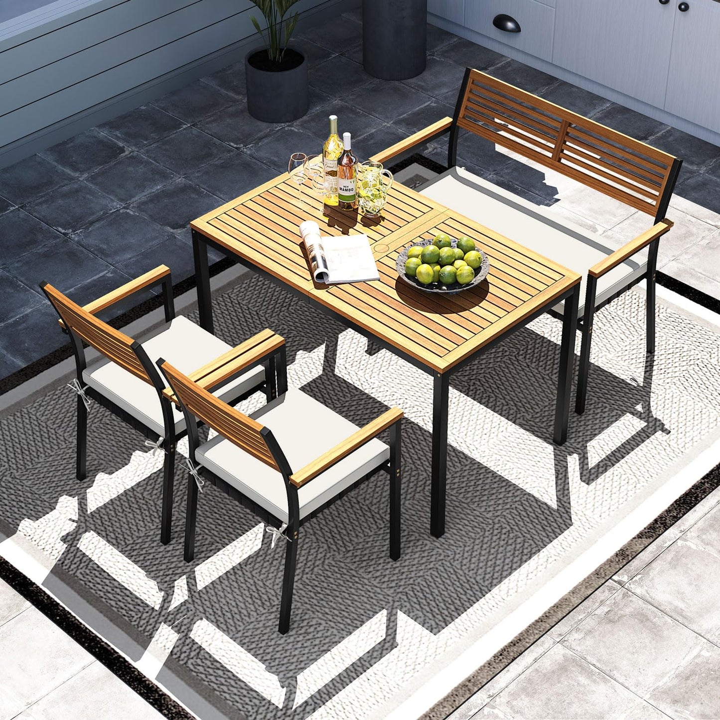 Tangkula 4-Piece Patio Furniture Set, Outdoor Dining Chair Set for 4 w/Acacia Wood & Metal Frame, Umbrella Hole, 1 Table, 2 Armchairs, 1 Bench for Lawn, Garden, Backyard, Porch (Off White)