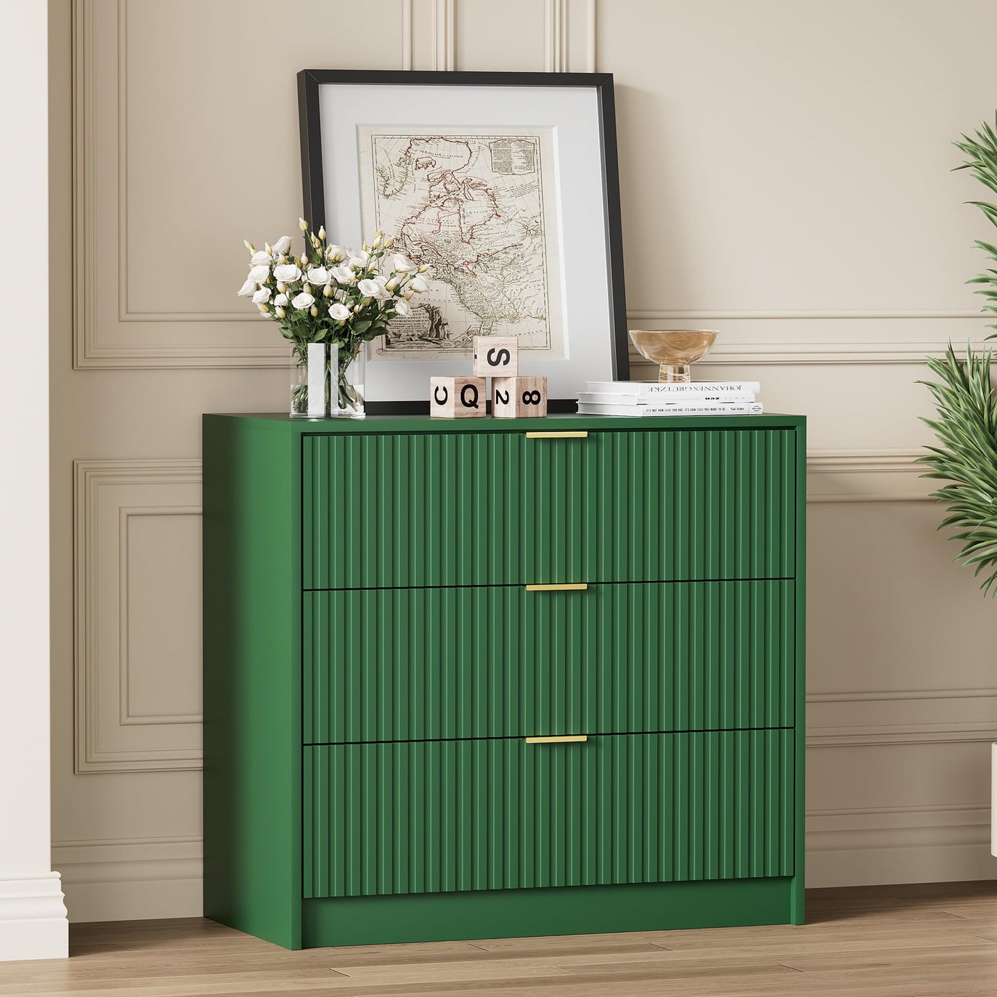 Furniway Green Dresser for Bedroom, Modern Dresser with 3 Drawers and Smooth Slides, Wide Chest of Drawers with Golden Handles for Bedroom, Living Room, Closet, 15.7" D x 31.5" W x 29.6" H