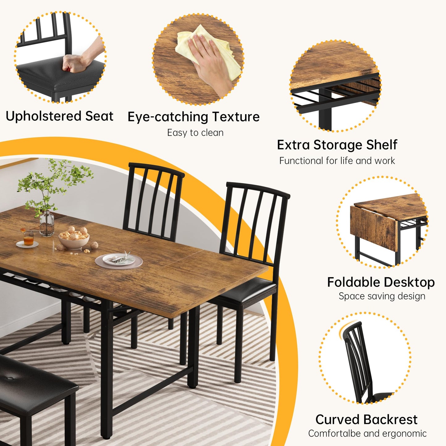 AWQM 4-Piece Faux Wood Drop Leaf Dining Table with Storage Rack, Space Saving Breakfast Nook Table Set with 2 Backrest Chairs and 1 Upholstered Bench, Kitchen Dining Table and Chairs Set for 2-4