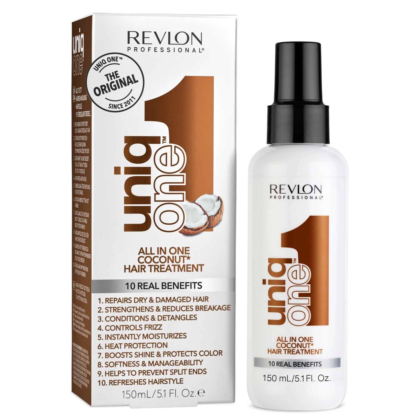 REVLON PROFESSIONAL UniqOne Hair Treatment, Moisturizing Leave-In Product, Repair For Dry and Damaged Hair, Promotes Healthy Hair, Coconut Fragrance, 5.1 Fl Oz (Pack of 1)