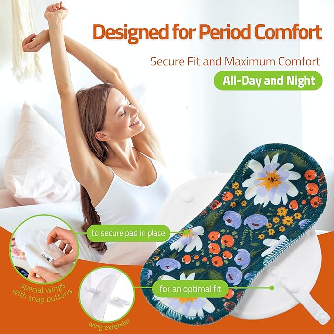 Organic Cotton EcoComfort Reusable Period Pads for Light Flow (S+M, 6-Pack); High-Temp Washable Cloth Pads for Women & Teens; Non-Irritating, Soft Reusable Pads Menstrual for Comfortable Period Care