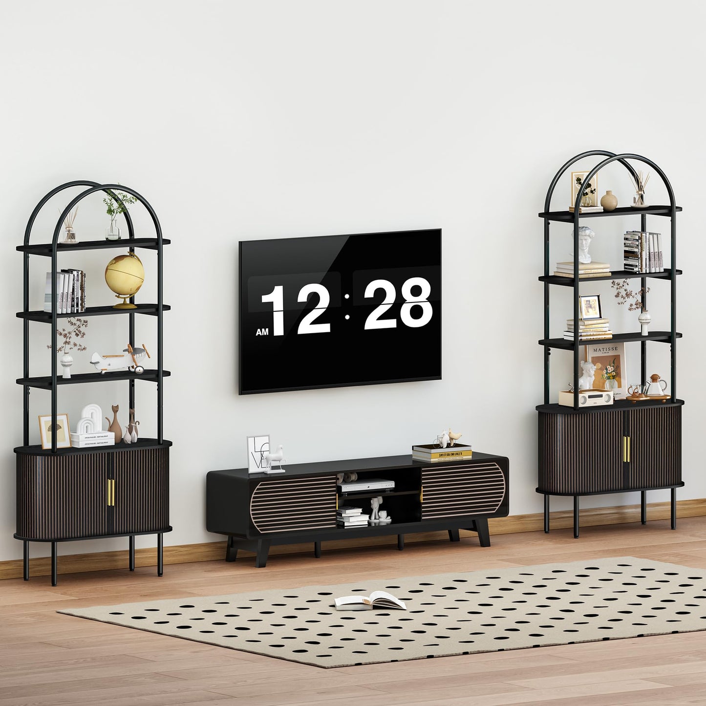 Turtle&Myrtle Tall Arched Bookshelf, Mid Century Modern Fluted Bookcase Cabinet with Sliding Doors, Curved Metal Frame Bookcase, Industrial Storage Display Shelving for Living Room, Bedroom (Black)