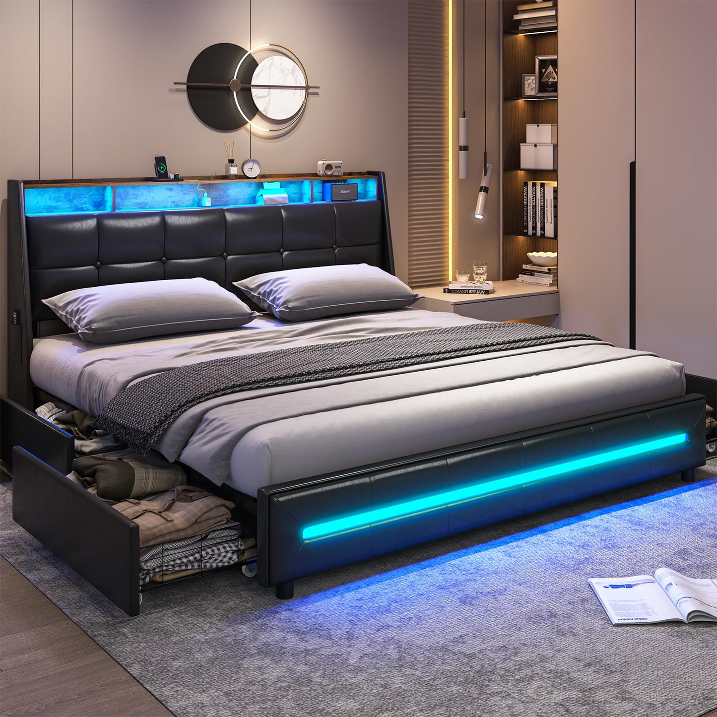 MSmask King Size Bed Frame with 4 Storage Drawers, Charging Station and LED Lights, Upholstered Bed Frame with Button Tufted Wingback Headboard, LED Bed King Size, No Box Spring Needed, Black