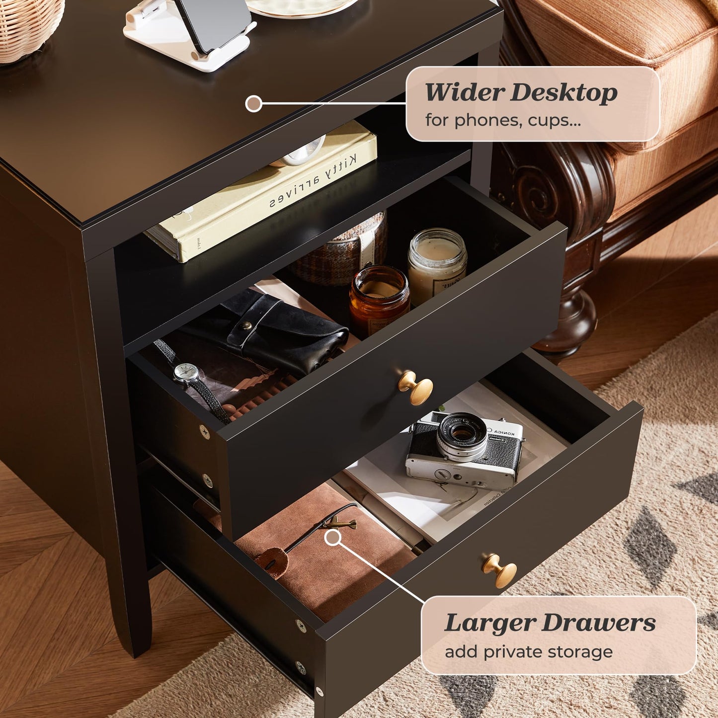 Huuger Black Nightstand with 2 Drawers, Bed Side Table for Bedroom, Modern Night Stand, Bedside Table with Storage, Metal Knobs, Painted Surface