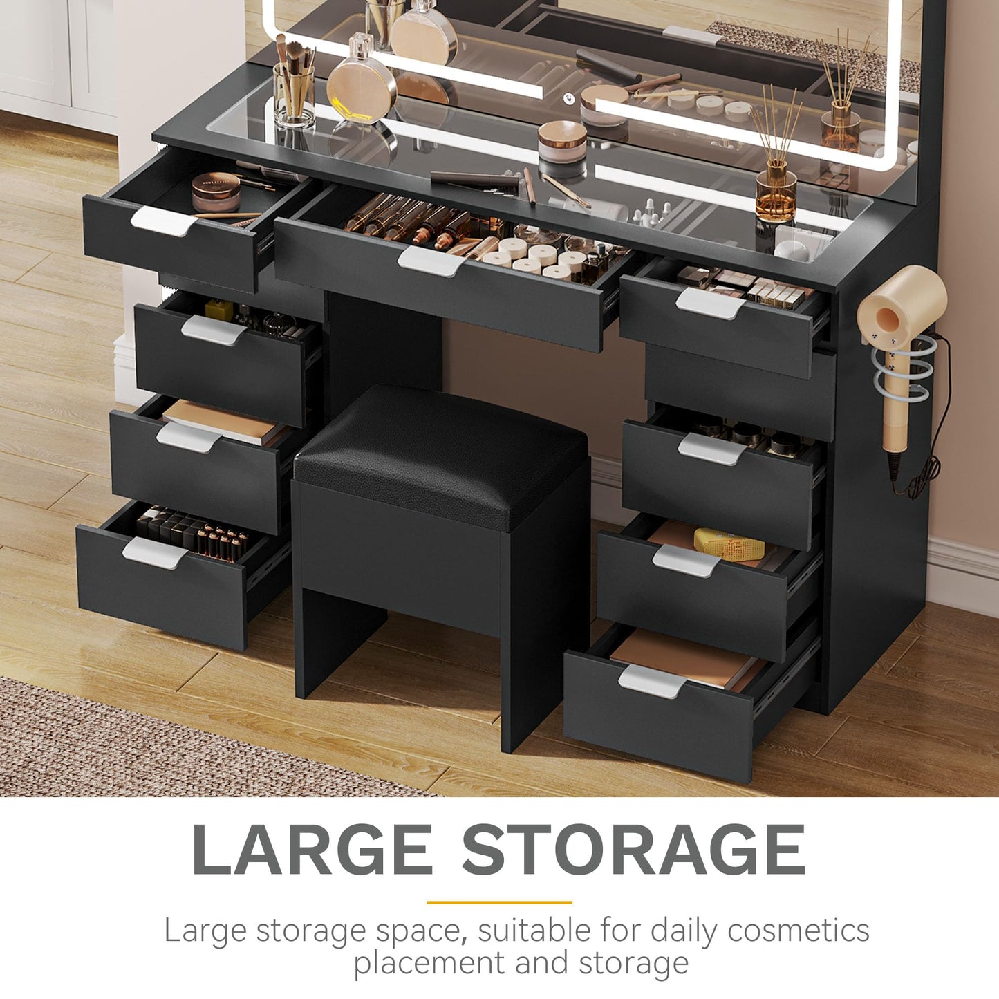 DWVO Makeup Vanity Desk for Dressing Room, Vanity Mirror with Lights & Charging Station, Dressing Table, Vanity Stool