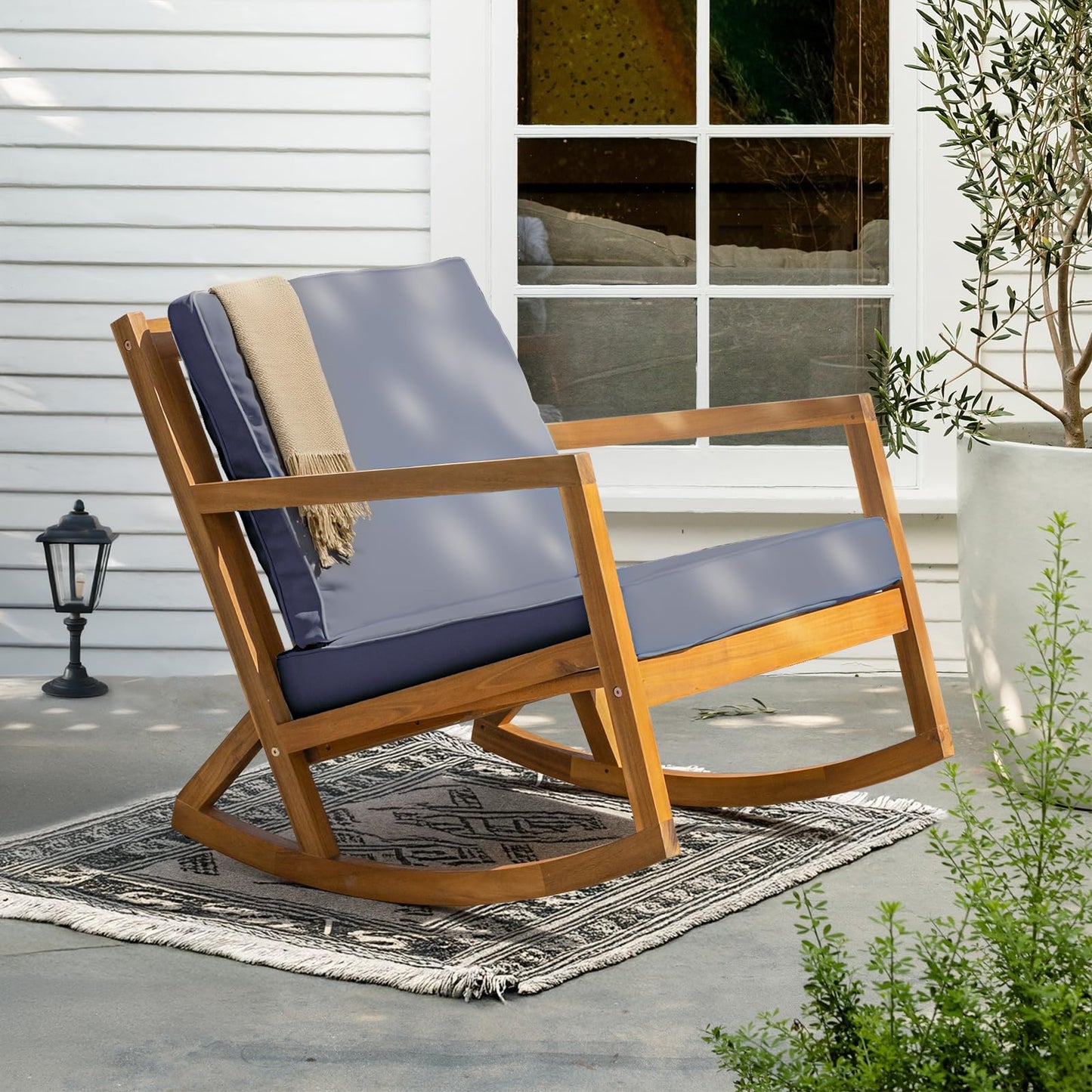 IDZO Heavy Duty Club Rocking Chairs 500lbs Capacity with Inclined Backrest, Thick Foam Cushion, Solid Acacia Wood Rocker for Patio, Backyard, Balcony, Porch, Grey