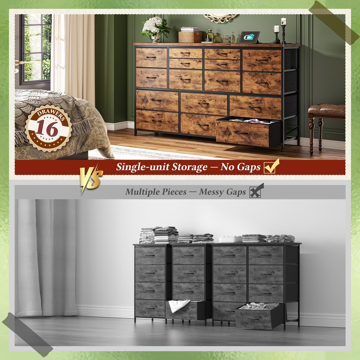 Romorgniz Dresser for Bedroom with 16 Fabric Drawers Long Dresser with Charging Station TV Stand for 60" TV Dressers & Chest of Drawers for Bedroom, Living Room, Closet, Rustic Brown