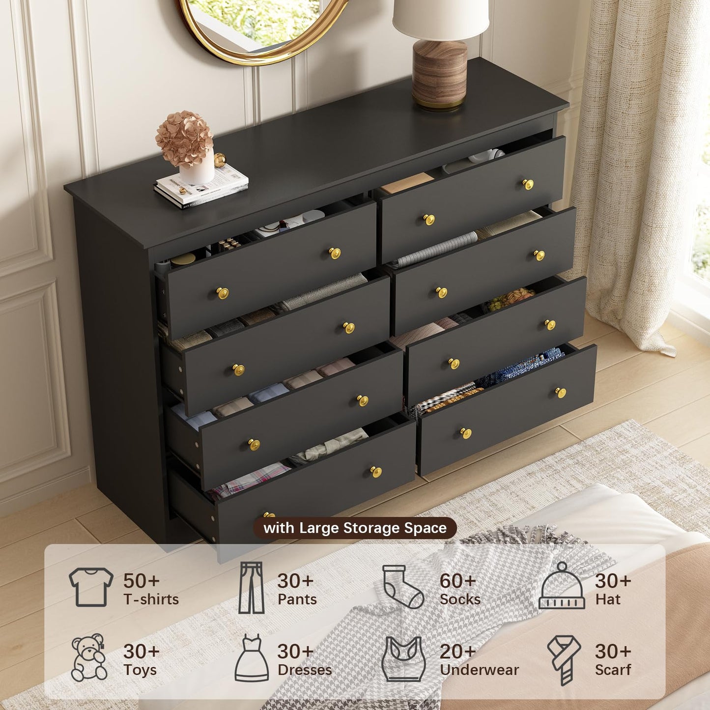 LYNSOM Modern 8 Drawer Dresser, 55.1" Wide Dressers & Chests of Drawers with Large Capacity Storage, Mid Century Black Dresser for Bedroom, Hallway, Black