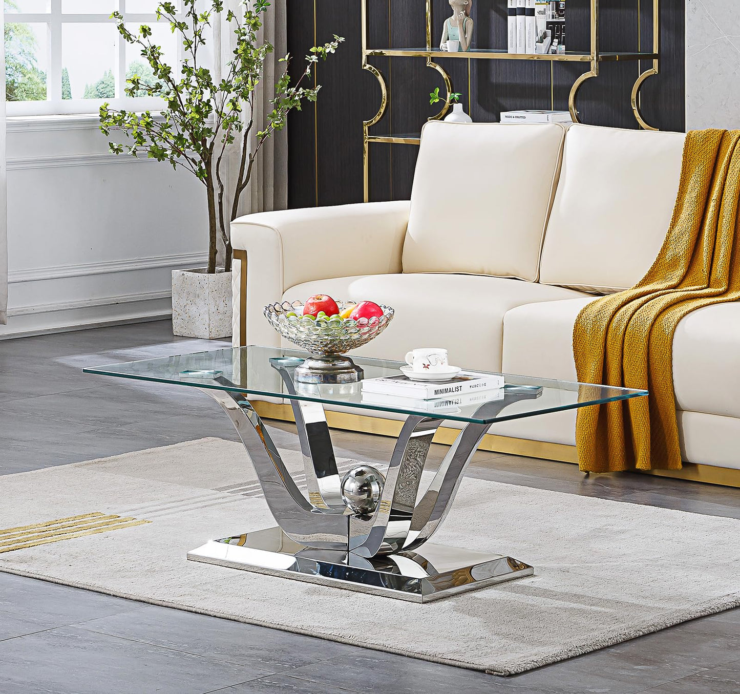 Modern Silver Glass Coffee Table, 47" Rectangle Coffee Table with Tempered Glass Top&Stainless Steel Flower-Shape Base, Luxury Glass Living Room Center Table Accent Cocktail Table for Home Office